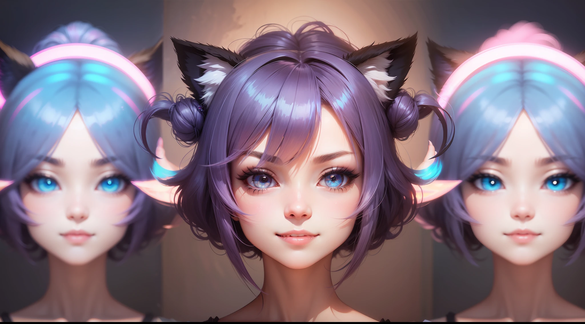 hair bobbles, wince, longeyelashes, solid circle eyes, fake animal ears, light smile, ear blush, fang, Surrealism, drop shadow, anaglyph, stereogram, tachi-e, pov, atmospheric perspective, 8k, ccurate, best quality, masterpiece