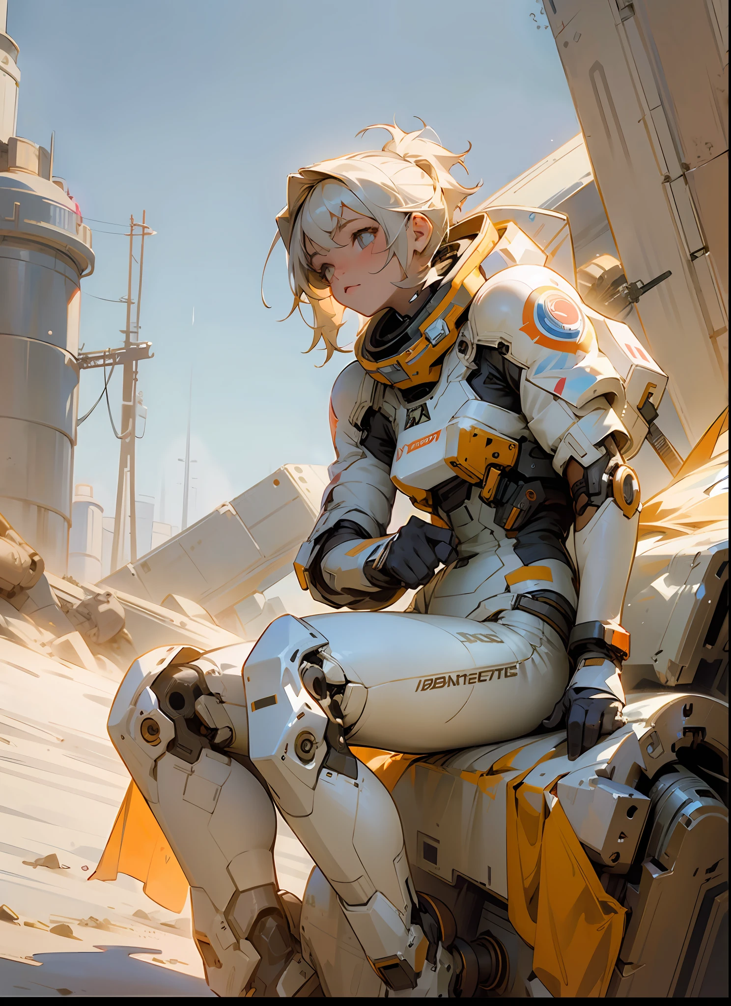 masterpiece, hyperdetail, Illustrations, 1 girl, spacesuit, full body, outdoor, dust, sandstorm, post-apocalyptic wasteland, third person, withe flower, cinematic lighting