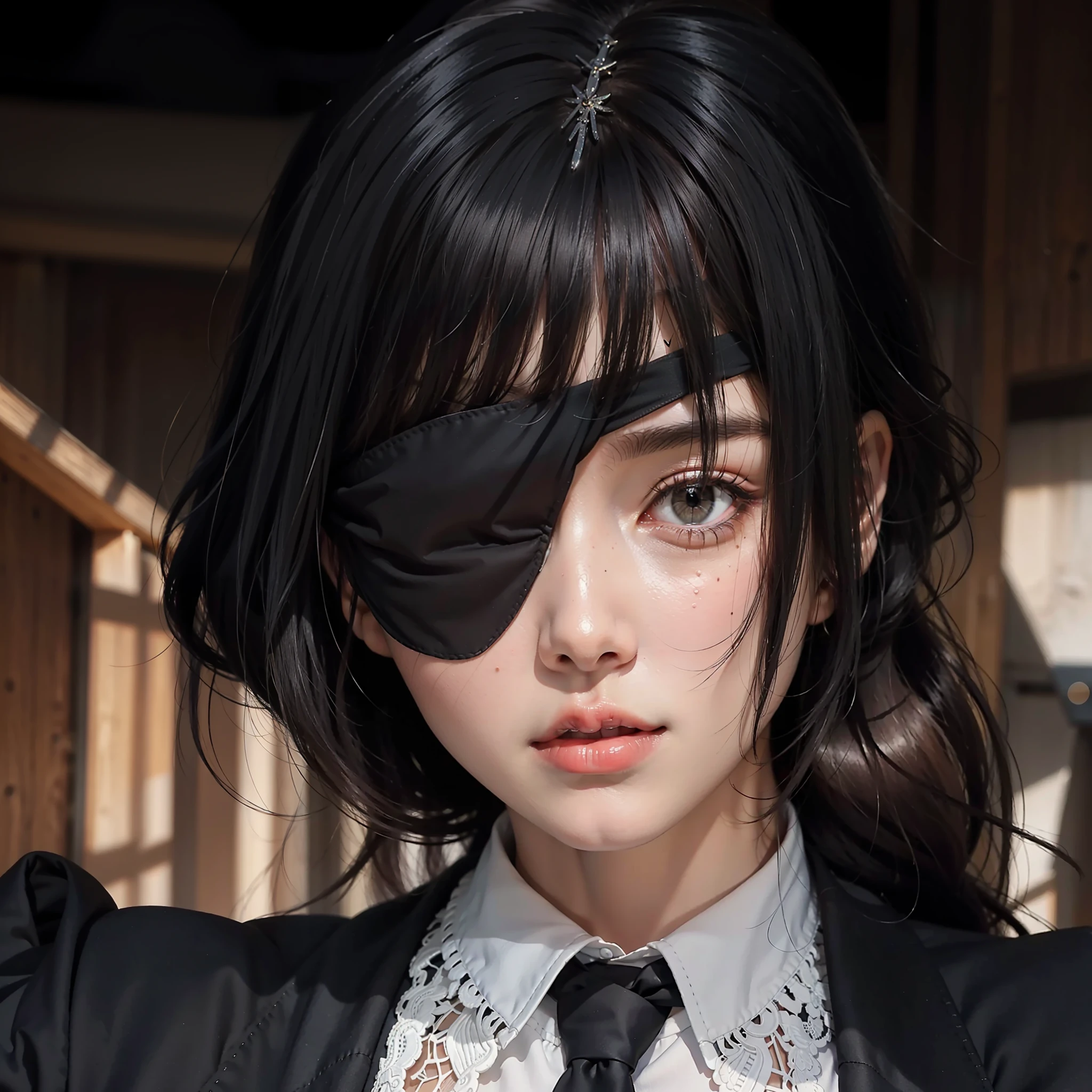 Best quality, masterpiece, big boobs, (large breasts), detailed skin texture, detailed cloth texture, detailed face, super detail, 8k, intricate detail, 1girl, detail eyes, blindfold on the right eye