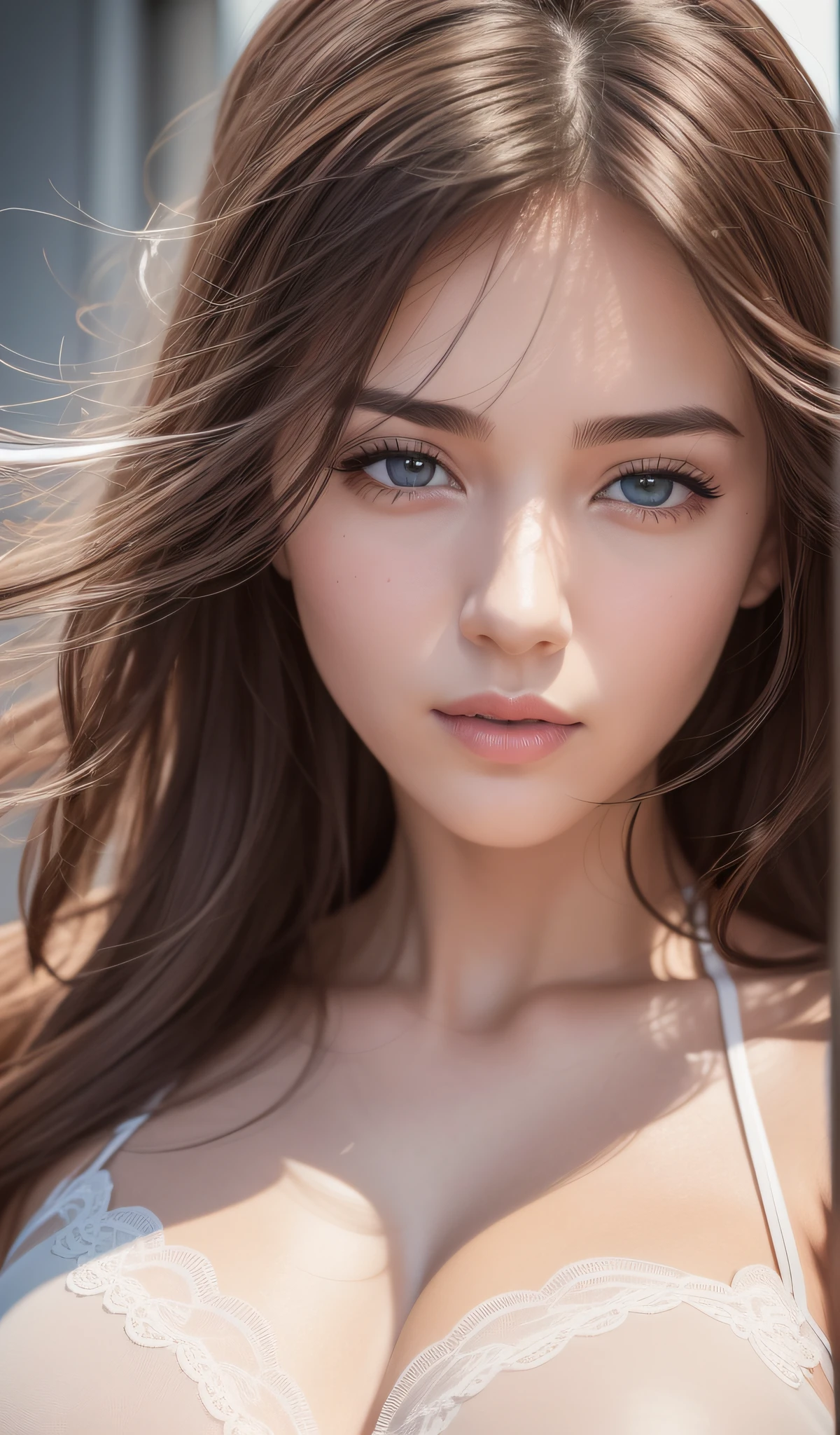 Full face portrait of a 26 year old European girl, RAW, beautiful woman, half-open strawberry lips, dimples, longing look, (extra long wavy brown hair), ((detailed face)), ((detailed facial features)), (delicate skin), pale skin, (wearing transparent white tulle fluttering in the wind) , cyberpunk metropolitan environment, (cool tones) (masterpiece) (perfect proportions) (realistic photos) (best quality) (detailed) Shot on the Canon EOS R5, 50mm lens, f/2.8, HDR, (8k) (wallpaper) (cinematic lighting) (dramatic lighting) (sharp focus) (complex), raw photos, raw photos, gigachad photos, pose camera, cocked arms, 8k ultra hd, DSLR, high quality, grain film, Fujifilm XT3, super complex, perfect details, marvel at great works, almost transparent white lingerie, perfect figure, seductive eyes, large big breasts