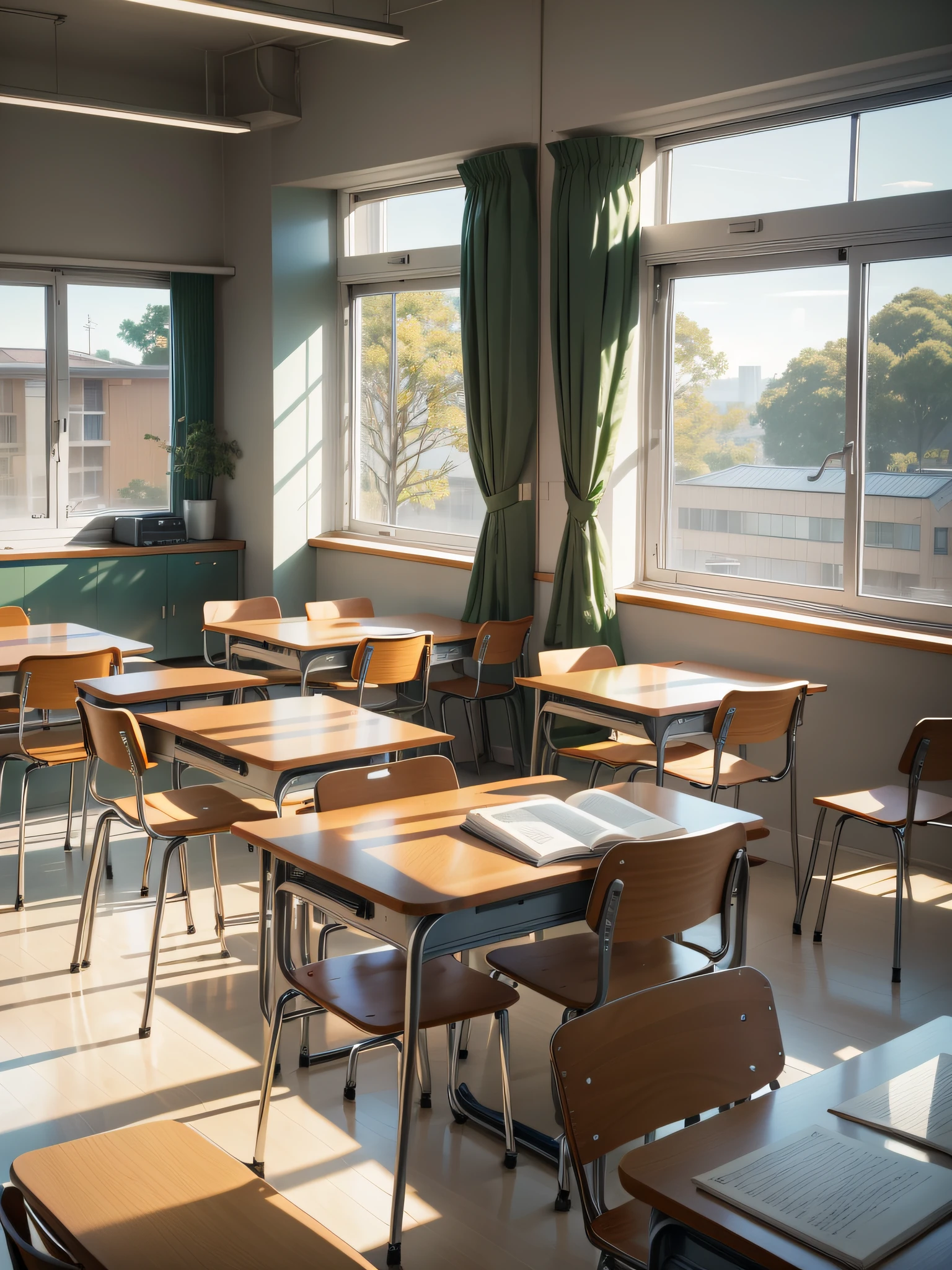 A study room, a classroom with large windows, tables, chairs and blackboards, bookshelves, a pile of notebooks on the teacher's desk, morning falling, following the order of Japanese schools, books and notebooks, background, Shinkai Makoto style, interior scenes, sunlight penetrating, school, library, floor, tables, chairs, classrooms, tables and chairs are staggered, there are close-up, medium, far-sighted, high saturation