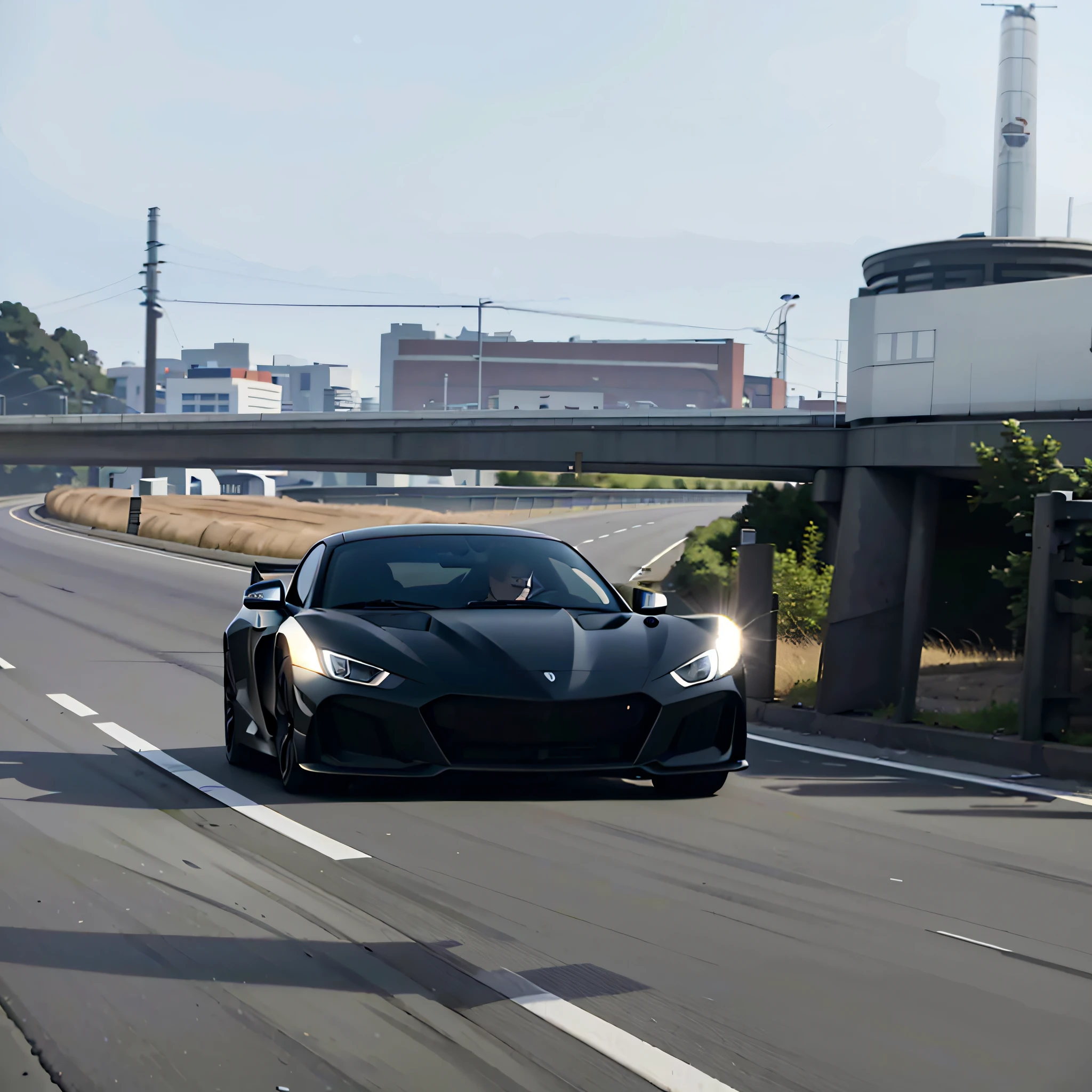 A black sports car driving on the road, extremely strong wind, high-speed chase, high wind, HD quality, 4K picture quality, handsome sports car on the highway, the car moves fast, the license plate says SAROTIN, there are no cars and people around.