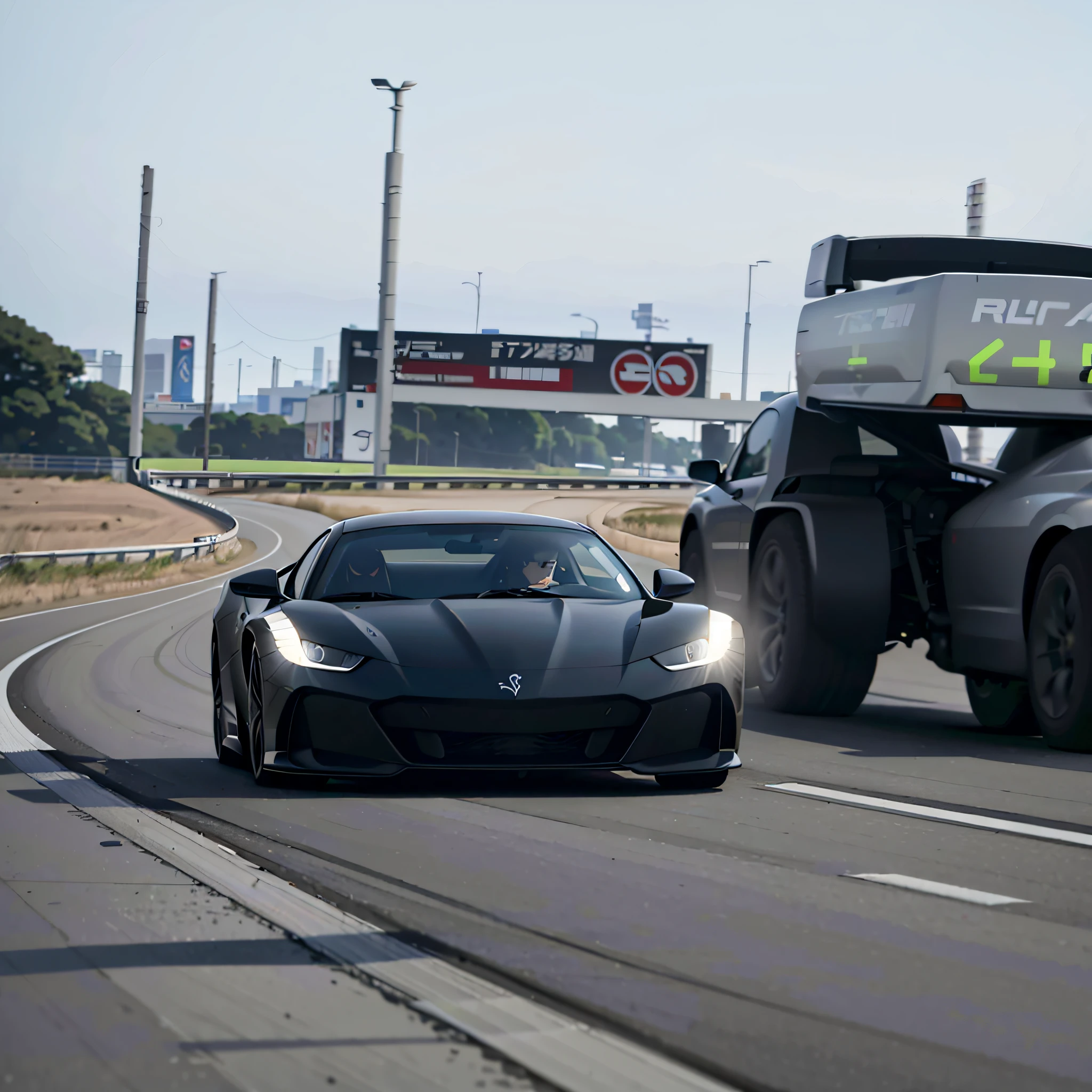 A black sports car driving on the road, extremely strong wind, high-speed chase, high wind, HD quality, 4K picture quality, handsome sports car on the highway, the car moves fast, the license plate says SAROTIN, there are no cars and people around.