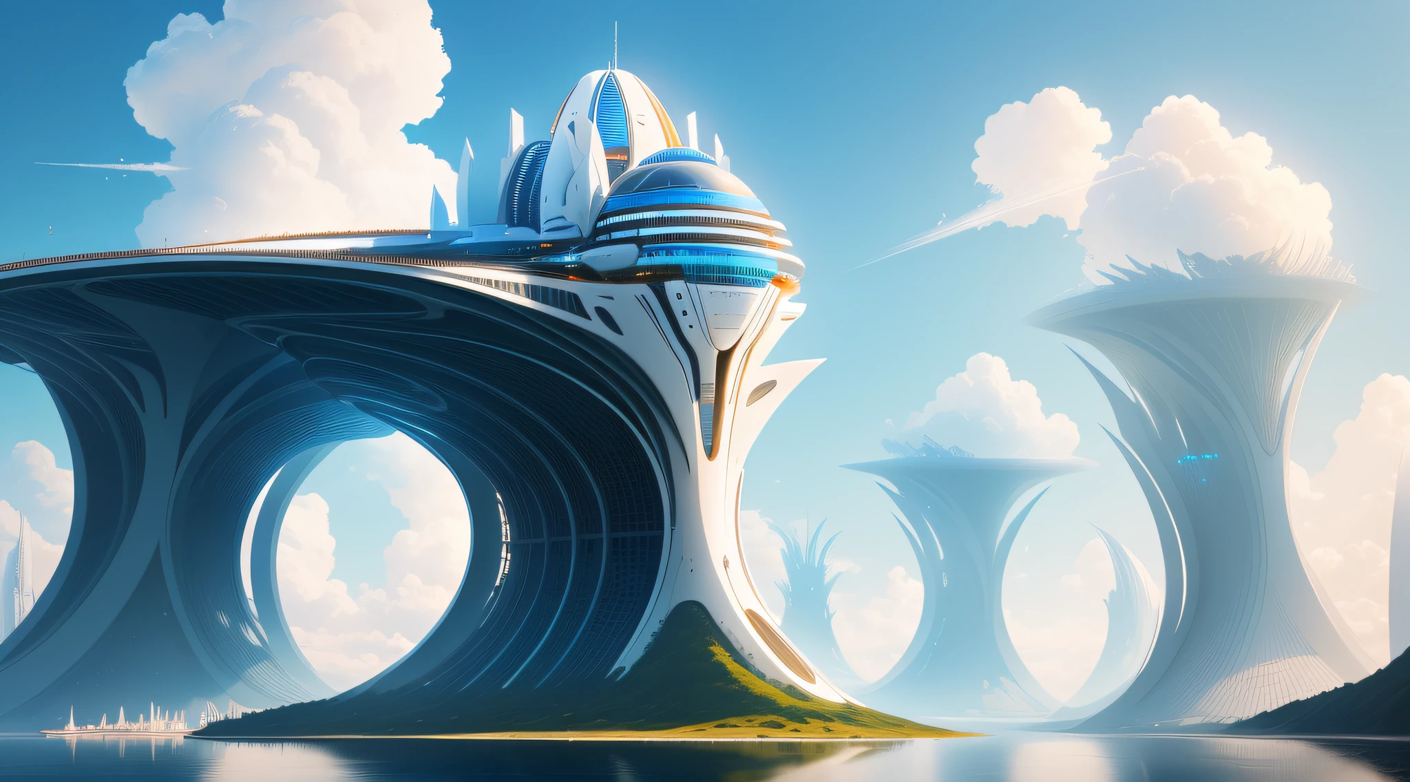 (Masterpiece), (Excellent), (Ultra Detail), (Panorama), Big Scene, Concept Design, Futuristic, Architecture, Heart of the World, Blue, White, Orange, Flat Paint, Blue Sky Background, Incredibly High Detail, Bright Color Palette, Natural Light, Simple Background in Solid Colors, Ultra Wide Angle, 8K, HD, Realistic