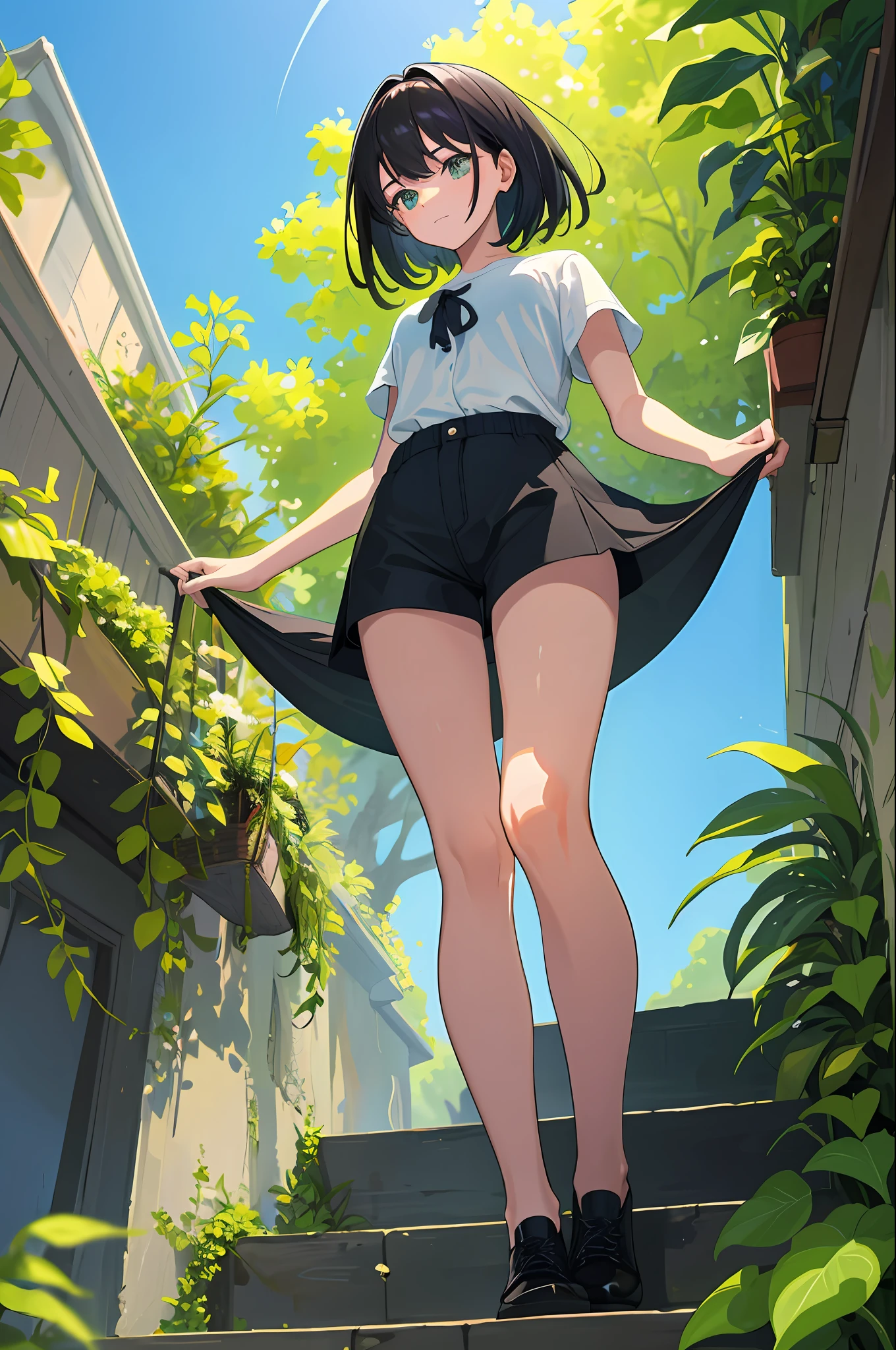 masterpiece, Best quality, high_resolution, Fine details, Very detailed and beautiful, distinct_image, 1 girl, Solo, From below, Black hair, (huge),, Outdoors, Plants, Botanical Gardens, Dolphin shorts, Eroi