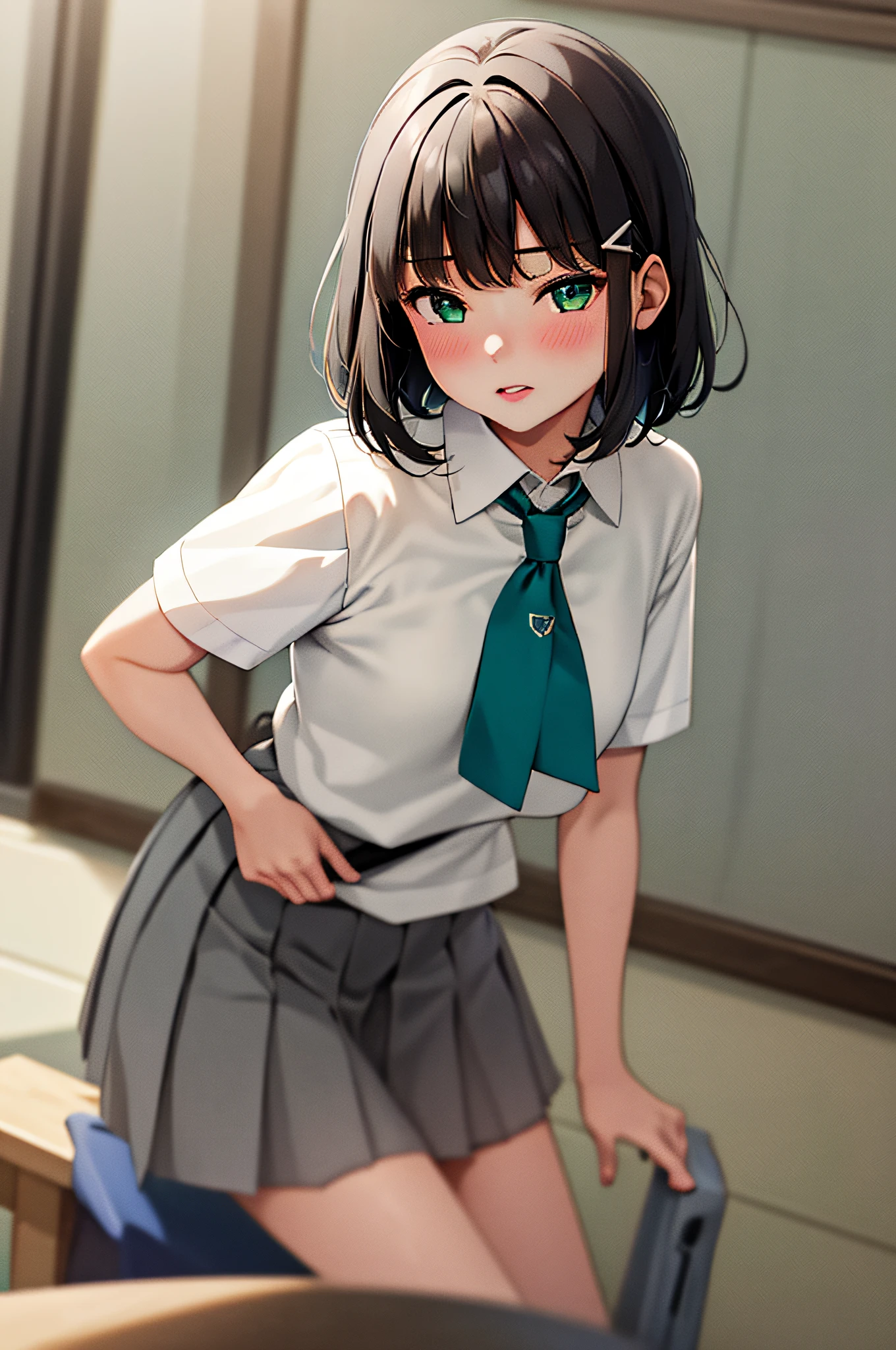 masterpiece, best quality, 1girl, bob hair, middle breasts,school uniform, short sleeve, pleated skirt, white seraphuk, neckerchief, grey skirt, gray sailor color, tie clip, green neckerchief, green eyes, hair ornament, hair clip, parted lips, blush, classroom,