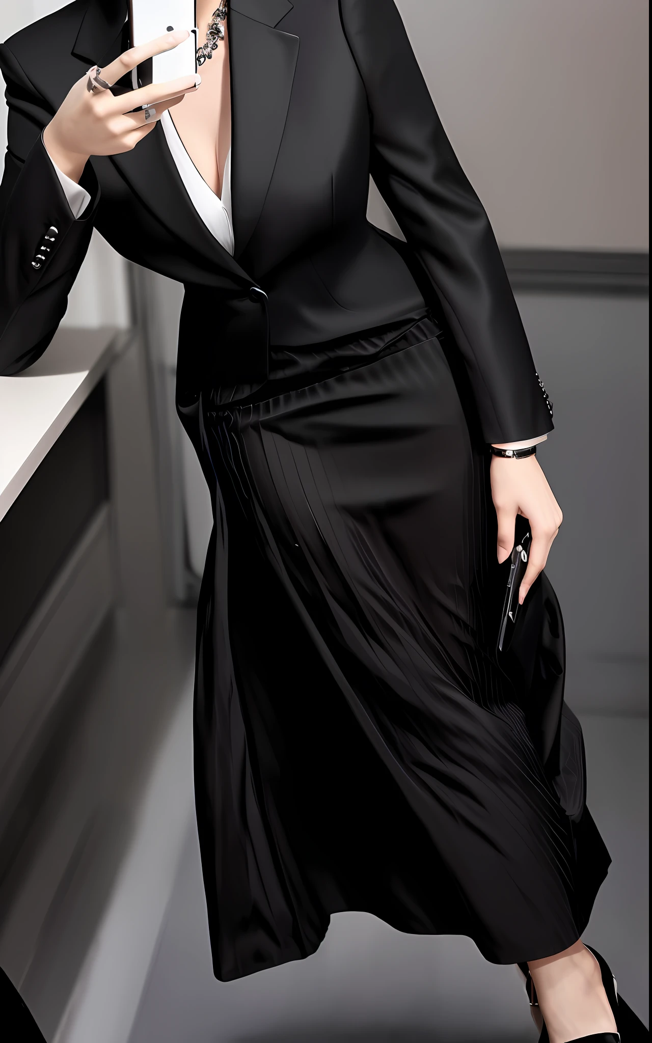 there is a woman in a black dress and high heels taking a selfie, she is wearing a black dress, wearing a black noble suit, 155 cm tall, office clothes, 165 cm tall, wearing black business suit, business clothes, short skirt and a long jacket, wearing black dress, short dress, girl in a suit, black dress