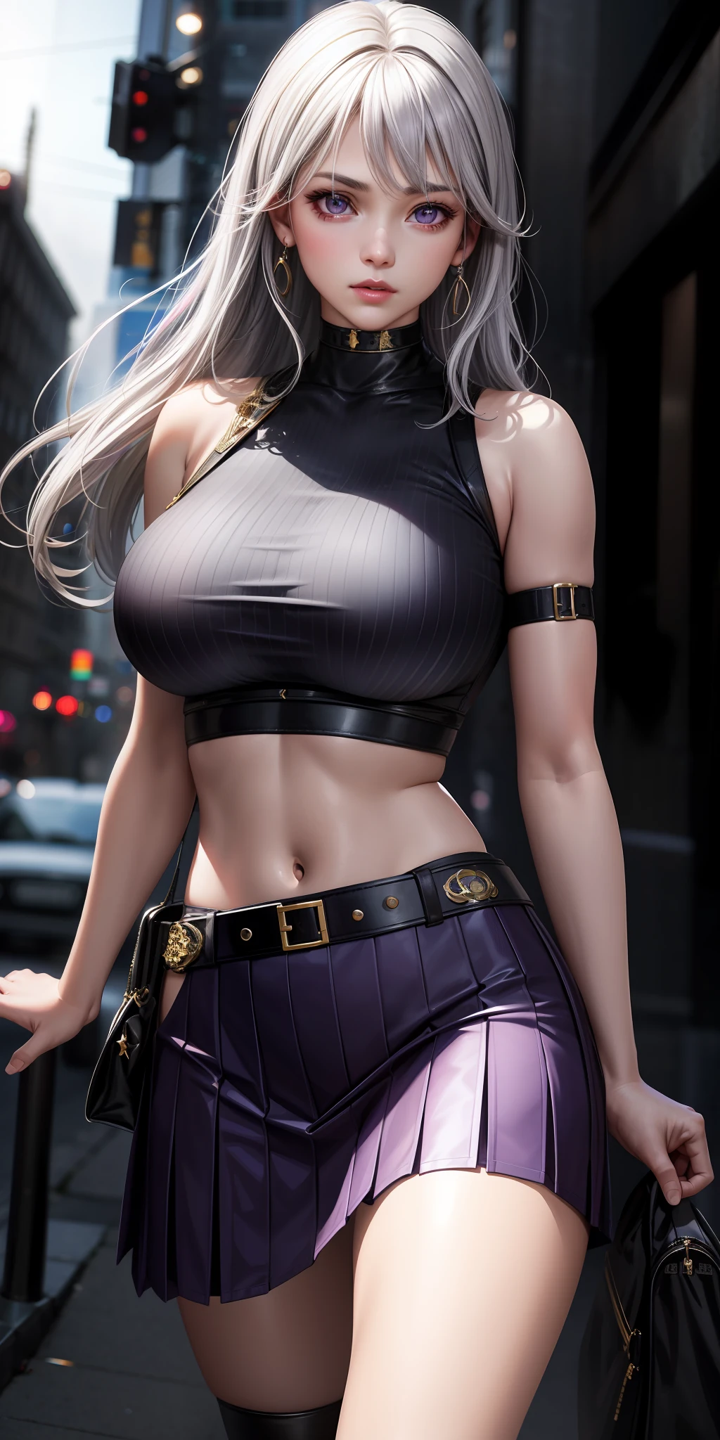 Realistic, girl two, gray hair, purple eyes, shining eyes, crop top, skirt, parted lips, big breasts