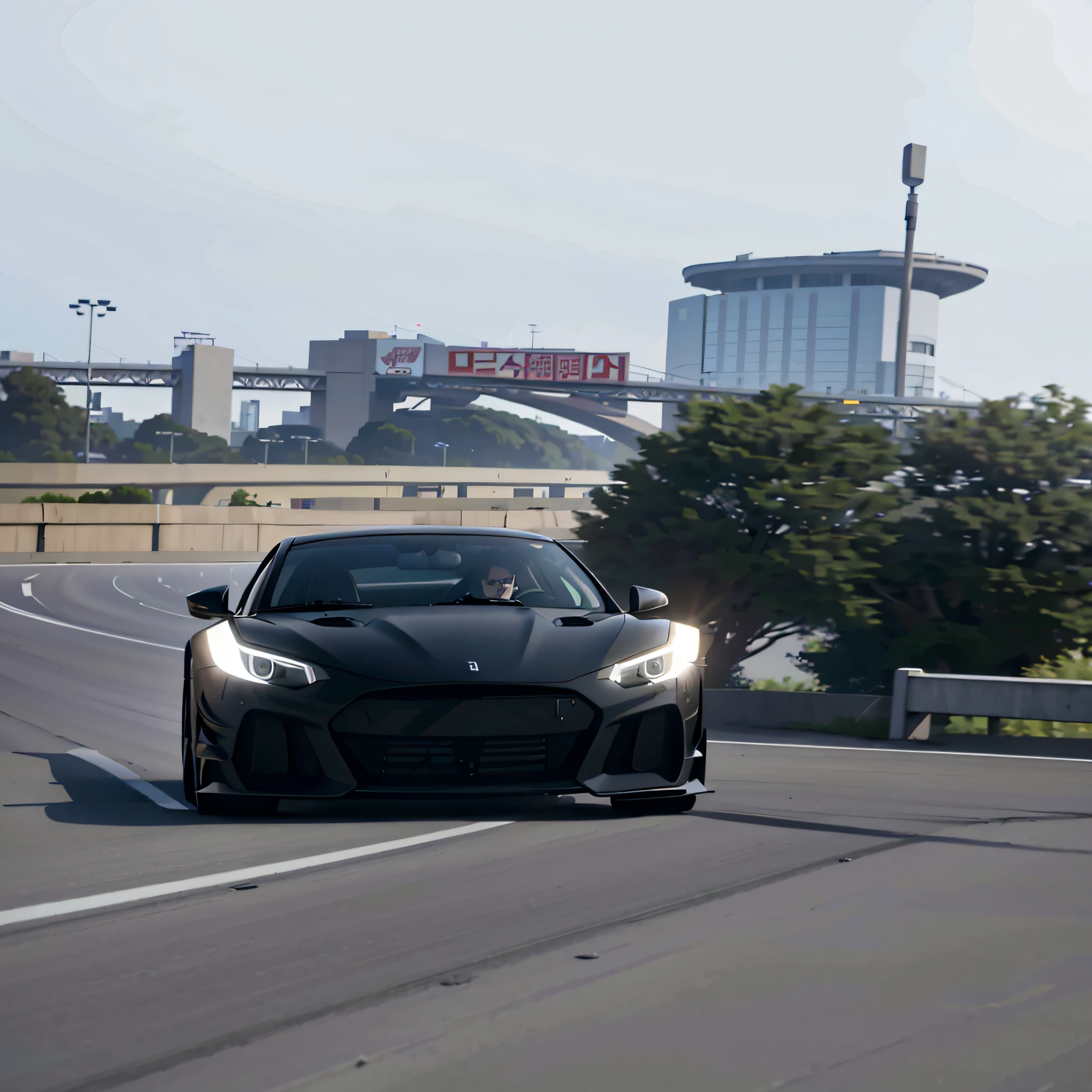 A black sports car driving on the road, extremely strong wind, high-speed chase, high wind, HD quality, 4K picture quality, handsome sports car on the highway, the car moves fast, the license plate says SAROTIN, there are no cars and people around.