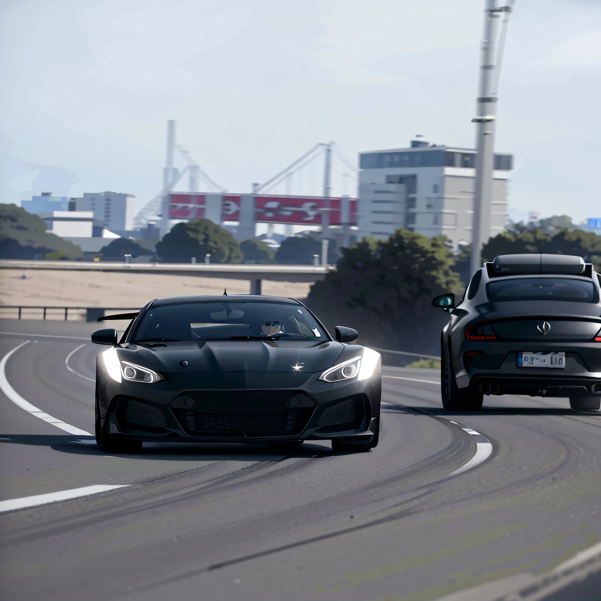 A black sports car driving on the road, extremely strong wind, high-speed chase, high wind, HD quality, 4K picture quality, handsome sports car on the highway, the car moves fast, the license plate says SAROTIN, there are no cars and people around.
