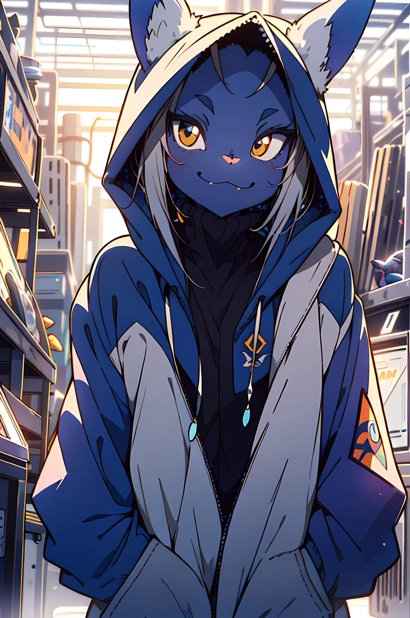 (Kinetic Pointillism:1.3) (Cutester Art:1.3) (Amazing Photo:1.3) of (Cel shaded look:1.3) and (CorelDRAW look:1.3) (Evil:1.4) a strongest furry anthro kemono blue rabbit (rabbit:1.1), blue ((furry)) ((kemono)) rabbit dressed in hooded sweatshirt, cute blue furry rabbit face, athletic female bunny body (Electric Colors:1)