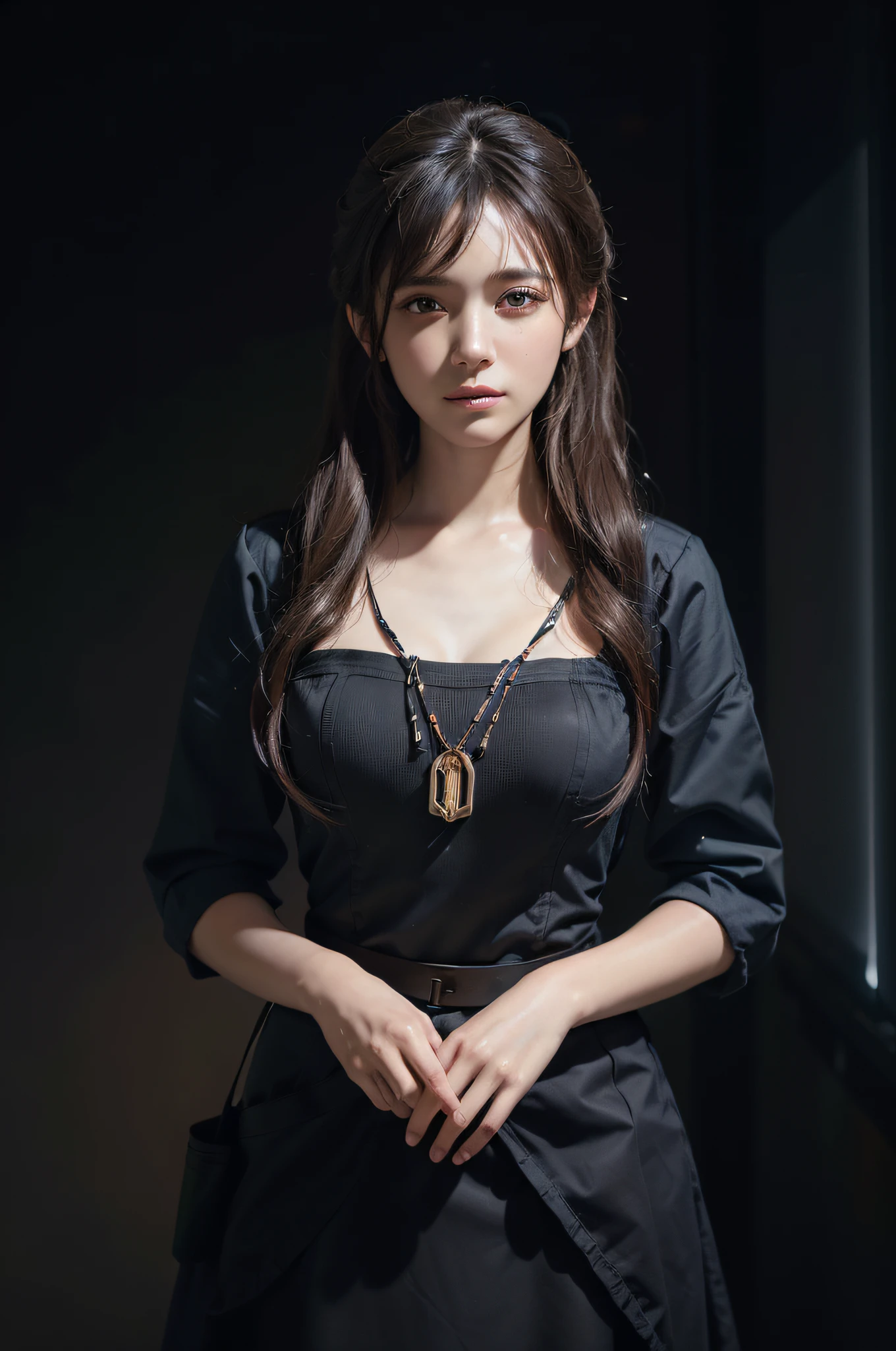 (front focus),(in the dark:1.6),
Hyperrealist portrait of female by david hockney and alphonse mucha,fantasy art, photo realistic, dynamic lighting, artstation, poster, volumetric lighting, very detailed faces, 4 k, award winning,, 1girl, in the dark, deep shadow, low key,cowboy shot,(official clothing:1.4) ,long hair,white hair,