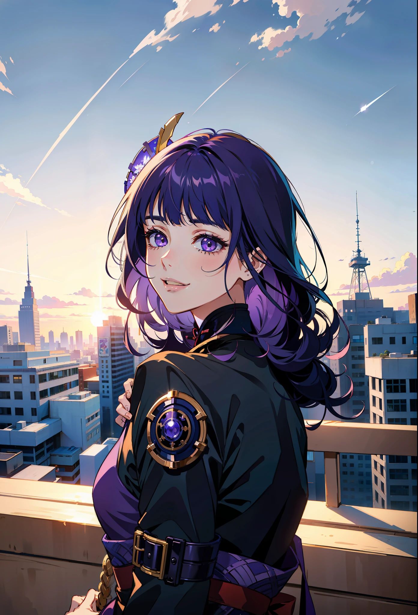 (masterpiece),(best quality:1.0), (ultra highres:1.0), detailed illustration, 8k, anime, 1girl, beautiful anime girl, Girl, Raiden Shogun, Purple eyes, detailed eyes, purple hair, detailed hair, shoulder exposure, shoulder smooth texture latex, coquettish smile, anime feel, evil devil, {blackening}, {teasing smile}, detailed, anime style, best quality