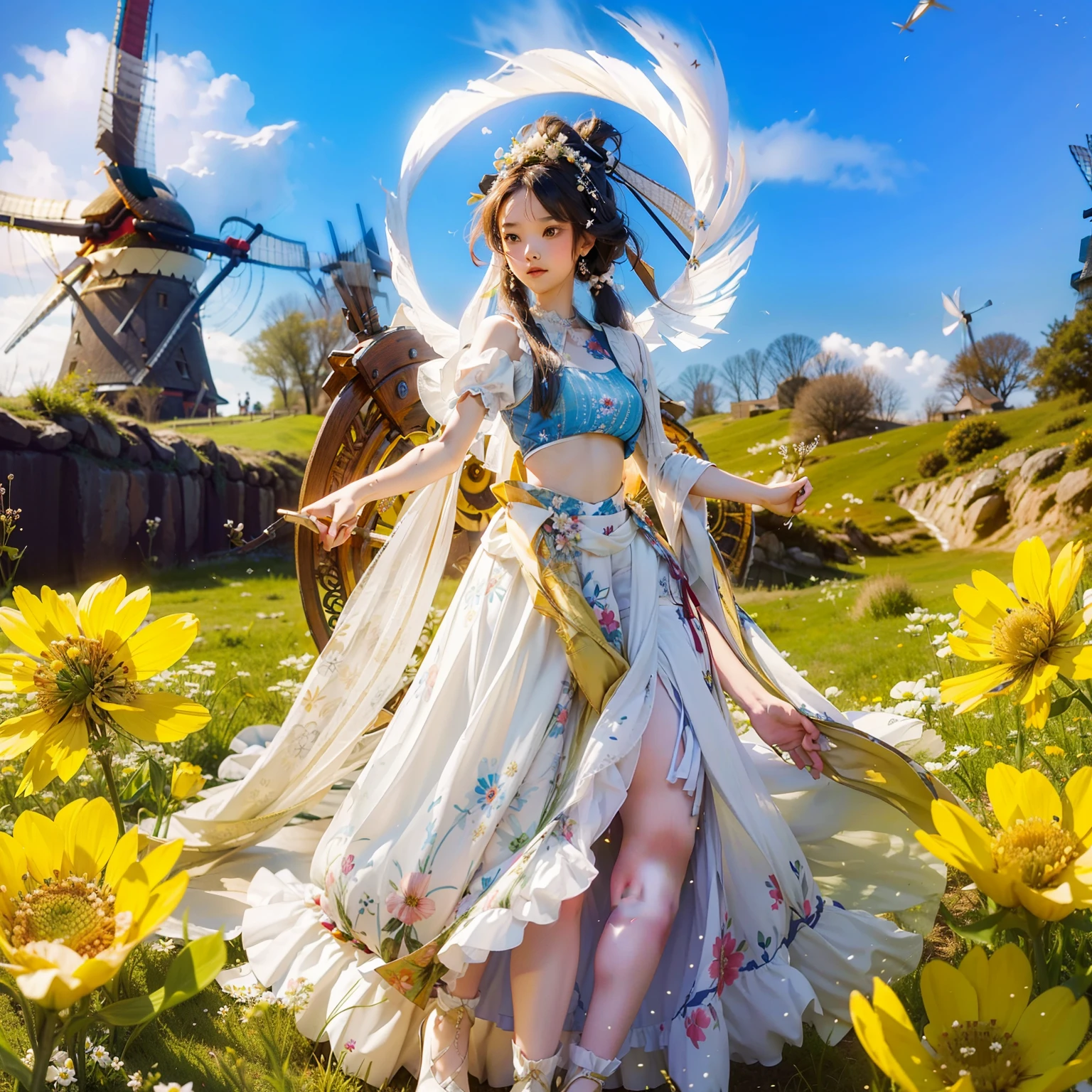 The windmill flower girl, wearing a flowing skirt with the pattern of a windmill printed on it, wearing white flower ornaments on her head, and beautiful wind shoes. There is a windmill in the background. --auto --s2