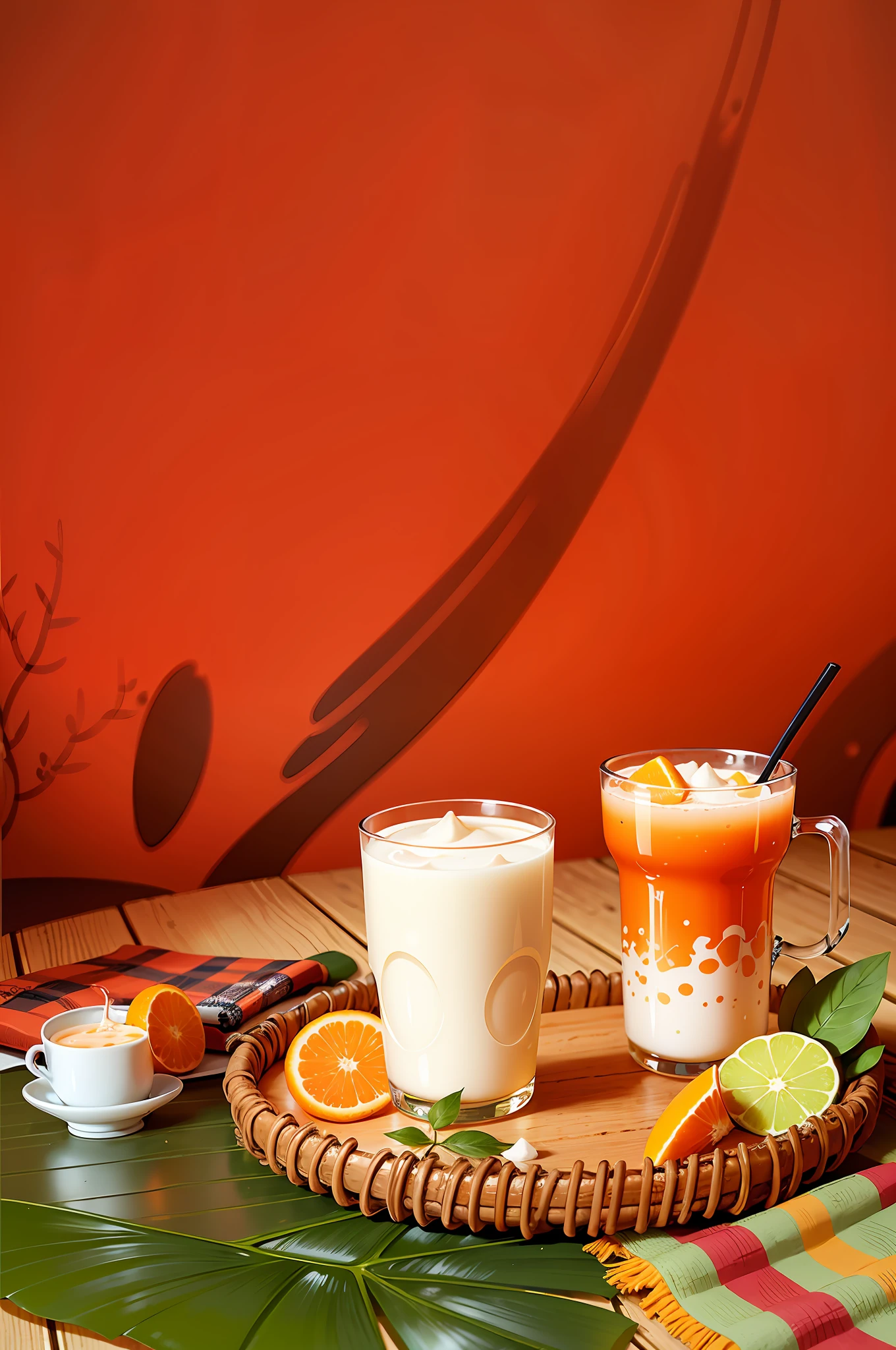 there is a glass of milk and a glass of orange juice on a tray, colored milk tea, product introduction photo, cold drinks, commercial product photography, high quality food photography, product photography, product shoot, orange and white color scheme, (light orange mist), white and orange, product introduction photos, food styling, by Tan Ting-pho, highly detailed composition