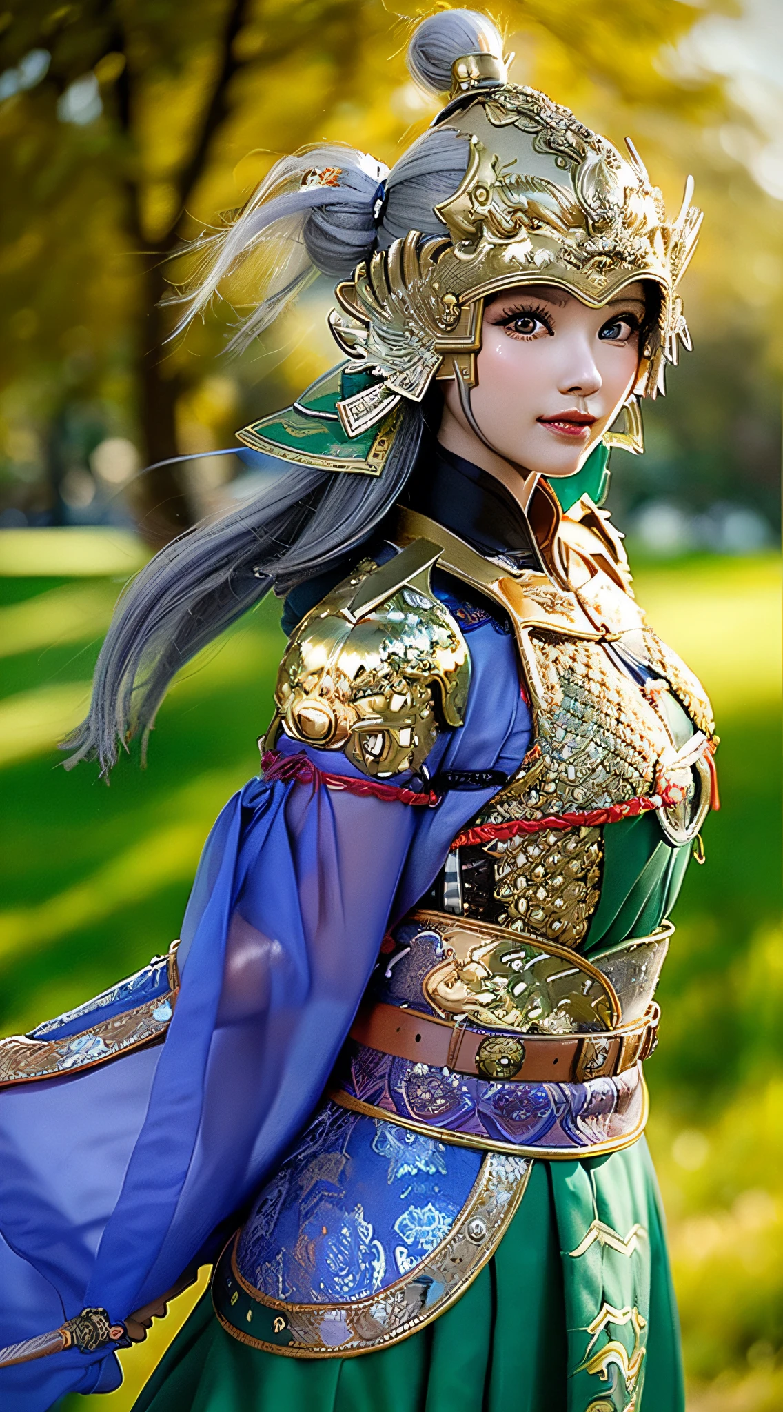 ((forest background)), (close-up portrait), (sexy), [ : (high detail face:1.2) : 0.1], (PureErosFace v 1:0.8), (((body portrait)), pores, real skin, hair band, flying hair, (gray hair 0.4), ancient headdress, hairpin, smile, affectionate eyes, shining eyes, beautiful scene, shadow, backlight, Soft natural volume movie perfect light, blue, purple, film grain, zskuijia, chinese armor, sword, chinese architecture, grassland, tree, close-up portrait, sexy
