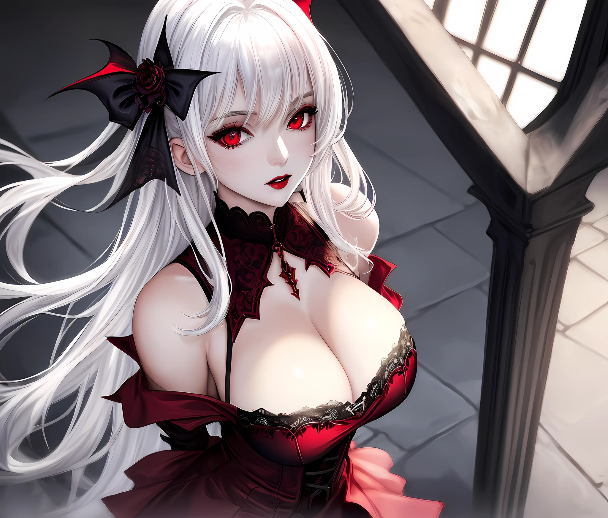 gorgeous vampire, masterpiece, best quality, ultra-detailed, illustration,(1girl),beautiful detailed eyes, (solo), looking at viewer, close up, (breast focus), (arms behind back:1.2), (from above:1.1), white hair, red eyes, huge breasts, (breasts out:1.3), (off shoulder:1.1), underwear, character generated, wearing a futuristic goth outfit