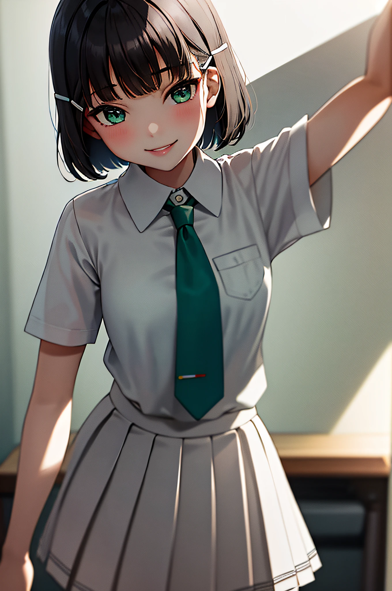 masterpiece, top quality, 1girl, bob hair, middle breasts,school uniform, short sleeves, pleated skirt, white seraphuk, neckerchief, grey skirt, gray sailor color, tie clip, green neckerchief, green eyes, hair ornament, hair clip, parted lips, smile, classroom,