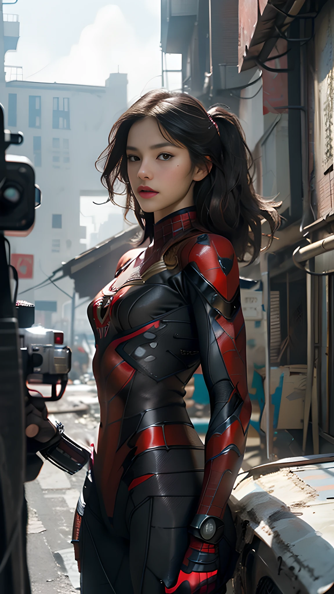 Beautiful woman detailed defined body using Spider-Man roleplay, small breasts, she is wearing Spider-Man suit, red and black color scheme, spider, very detailed abandoned warehouse background, detailed face, detailed complex busy background, messy, gorgeous, milky white, highly detailed skin, realistic skin details, visible pores, sharp focus, volumetric fog, 8k uhd, DSLR, high quality, film grain, fair skin, photo realism, lomography, A sprawling metropolis in a dystopia of the future, seen from below, translucent