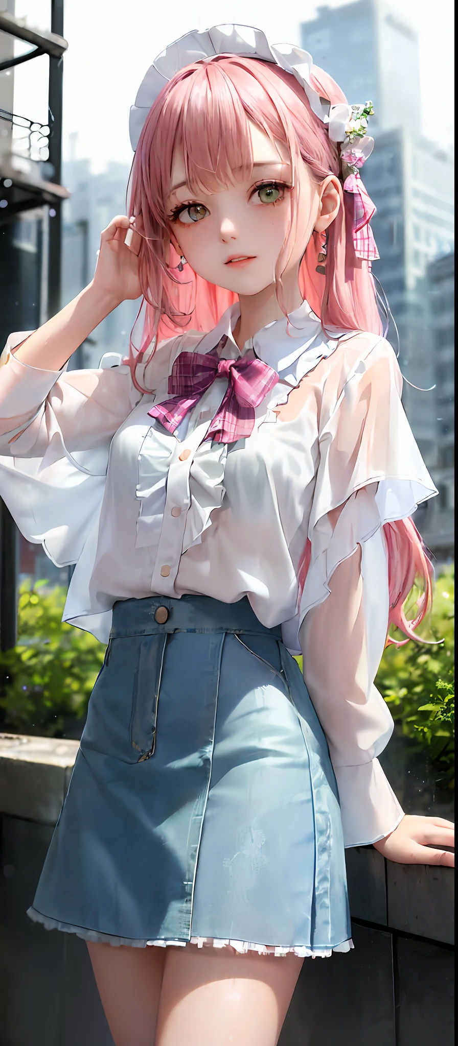 1girl, (Masterpiece:1.1), (Best quality:1.1), (White blouse:1.1), (blouse on bare skin)rain, soaked, dripping water droplets, pink ledges, sheer, (plaid skirt: 1.1), Hanfu, Blake [Blue:Pink:0.5] theme, (urban backdrop: 1.1), Denim lenses, Blake silver, Long hair, Green eyes, Delicate headdress, Sideways,