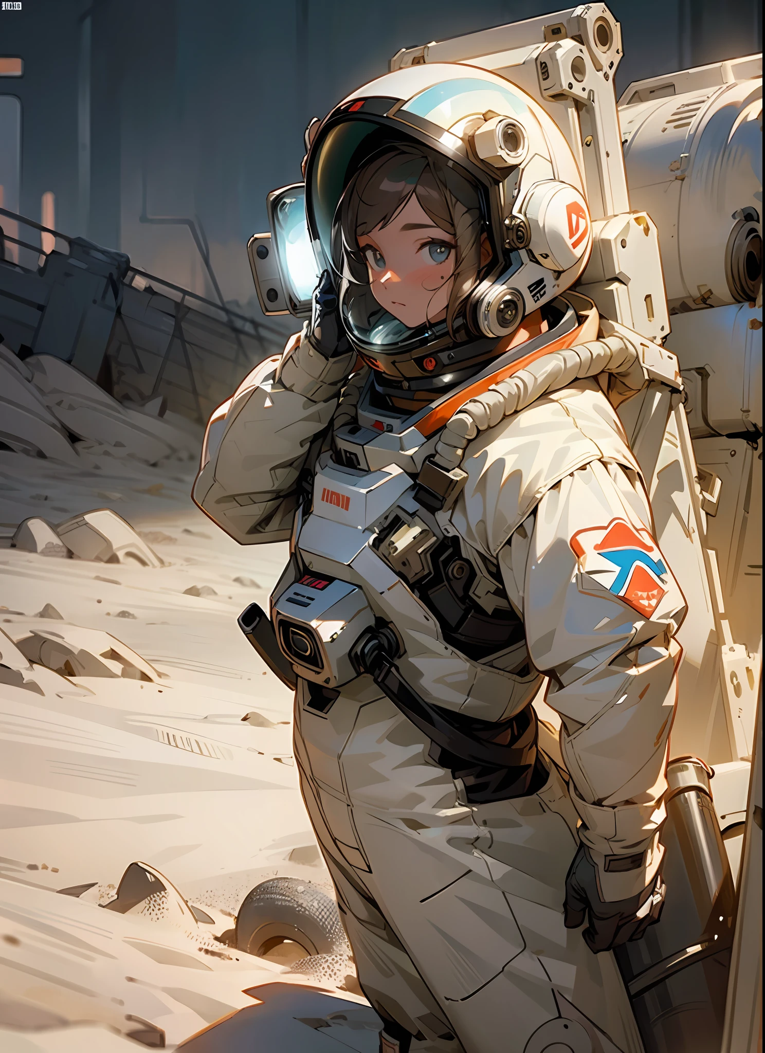masterpiece, hyperdetail, Illustrations, 1 girl, spacesuit, full body, looking at viewers, outdoor, dust, sandstorm, post-apocalyptic wasteland, third person, withe flower, cinematic lighting