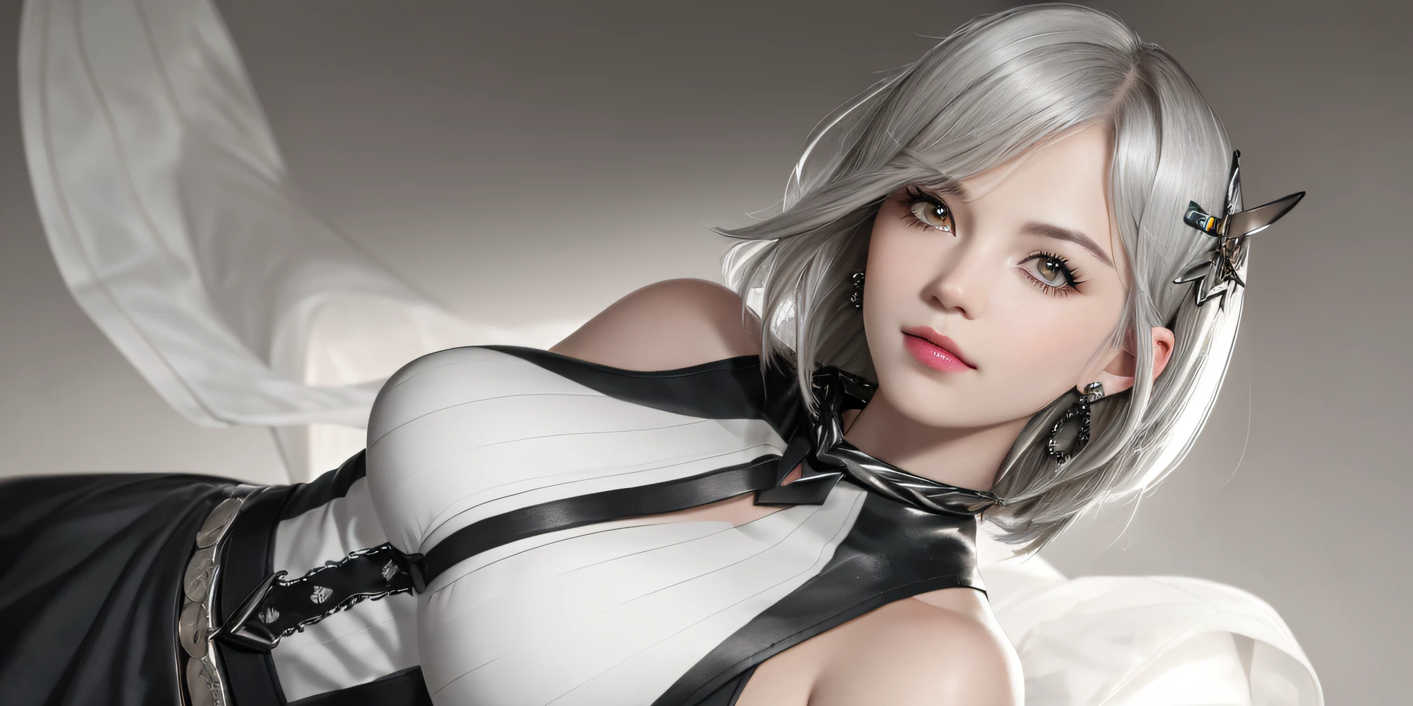 standing in front of castle, angry, necklace, earrings, full body, short silver hair, queen dress, superb, ultra-high-definition, RAW photo, realism: 1.25), (bright lip gloss, long eyelashes, smooth face , bright skin, natural shadows, wide light, wide light, depth of field, strong colors, subtle caustics: 0.8), smile, (big tits), v6