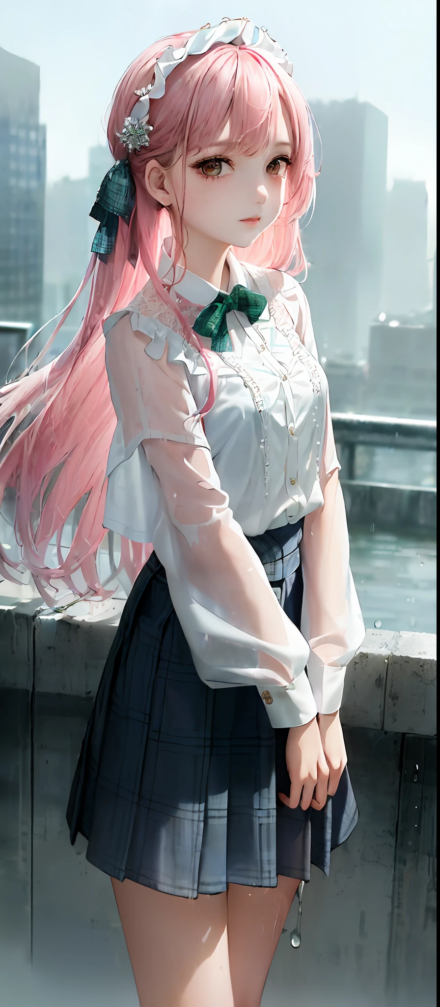 1girl, (Masterpiece:1.1), (Best quality:1.1), (White blouse:1.1), (blouse on bare skin)rain, soaked, dripping water droplets, pink ledges, sheer, (plaid skirt: 1.1), Hanfu, Blake [Blue:Pink:0.5] theme, (urban backdrop: 1.1), Denim lenses, Blake silver, Long hair, Green eyes, Delicate headdress, Sideways,