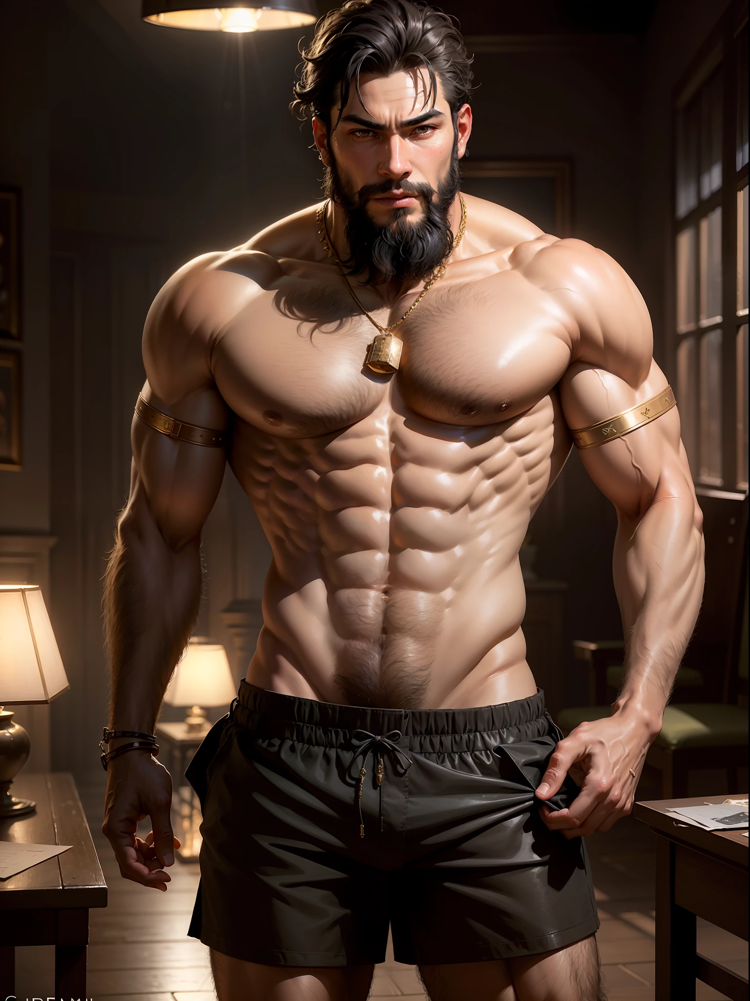((best quality)), ((masterpiece)), (detailed), priapus, 1boy, lean body, dark room, renaissance, short hair, black hair, Indonesian men, Indonesian ethnicity, handsome masculine face, facial hairy, beard, detailed eyes, muscular chest, (narrow waist), hairy chest, pubic hair, hairy arms, bubble ass, topless, veiny arms, golden chain belt, draping cloth shorts, arm ring, wearing a underwear, detailed skin, realistic, style of pino daeni, [style of Daniel F. Gerhartz::0.5], uhd image, hires, 8k, semi-realistic, epic lighting, sharp focus, realistic, romantic,