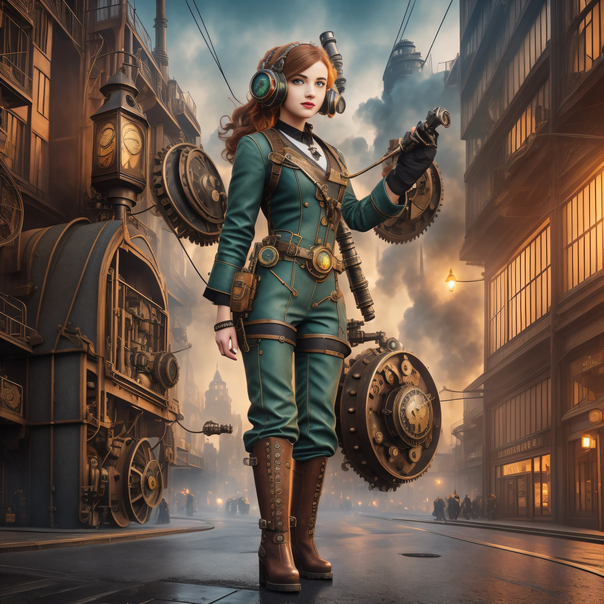 Street photography style image. A snapshot of a steampunk cityscape. Epic automobiles with steam engines on the street. Steam engine powered flying vehicles in the sky. A smiley beautiful 19-years-old caucasian girl in light gray steampunk jumpsuit walking down the street. Red long boots, intercom headset. steampunk choker, perfect detailed face, detailed symmetric green eyes with circular iris, wavy ginger hair, wearing enormous mechanical wings in her back, overall theme is street photography in Industrial Steampunk City, cogs and gears, steamy background with lots of steam pipes and steam valves and pressure gauges and gears, realistic, stunning realistic photograph, 3d render, octane render, cinematic, Isometric, Centered, hyperealistic cover photo, awesome full color, 12k, high definition, cinematic, portrait featured on unsplash, smooth, ultra high definition, 8k, ultra sharp focus, intricate artwork, masterpiece, ominous, epic, highly detailed, warm cinematic