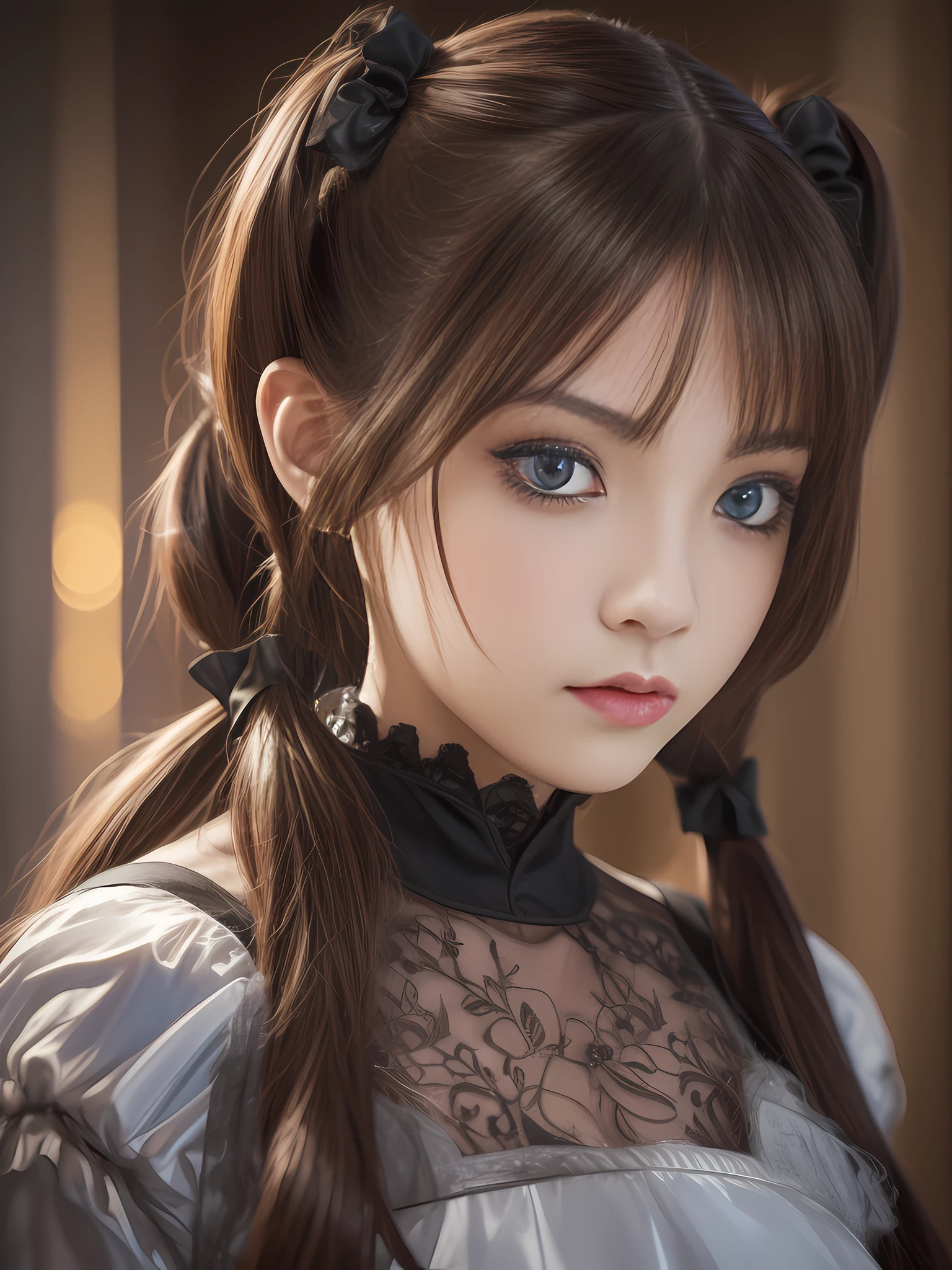 1girl, brown hair, twintails, glowing eyes, Gothic art, cinematic lighting, reflection light, ray tracing, character chart, close-up, Eye-Level Shot, Fujifilm, UHD, masterpiece, anatomically correct, high details, high quality, award winning, best quality, highres