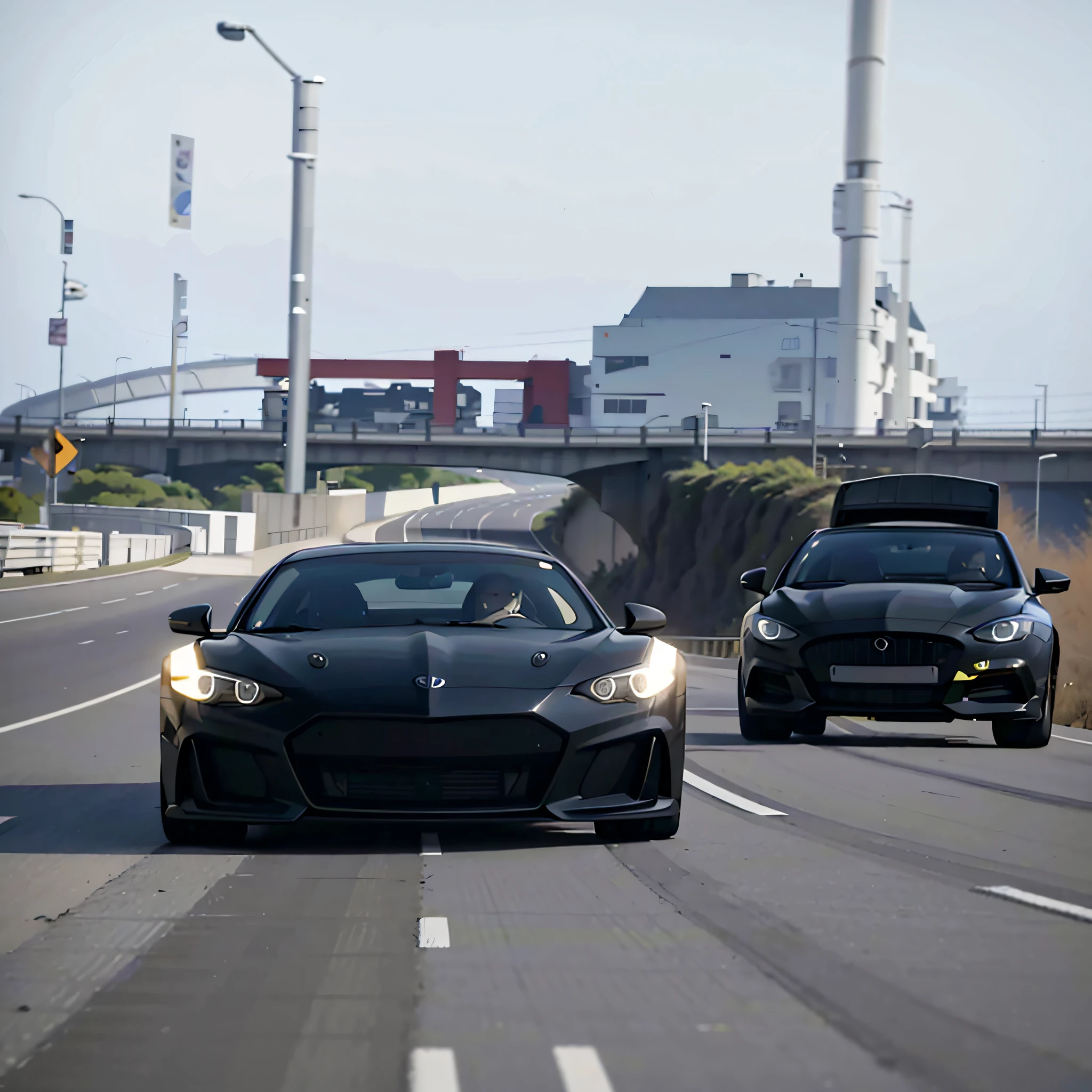A black sports car driving on the road, extremely strong wind, high-speed chase, high wind, HD quality, 4K picture quality, handsome sports car on the highway, the car moves fast, the license plate says SAROTIN, there are no cars and people around.