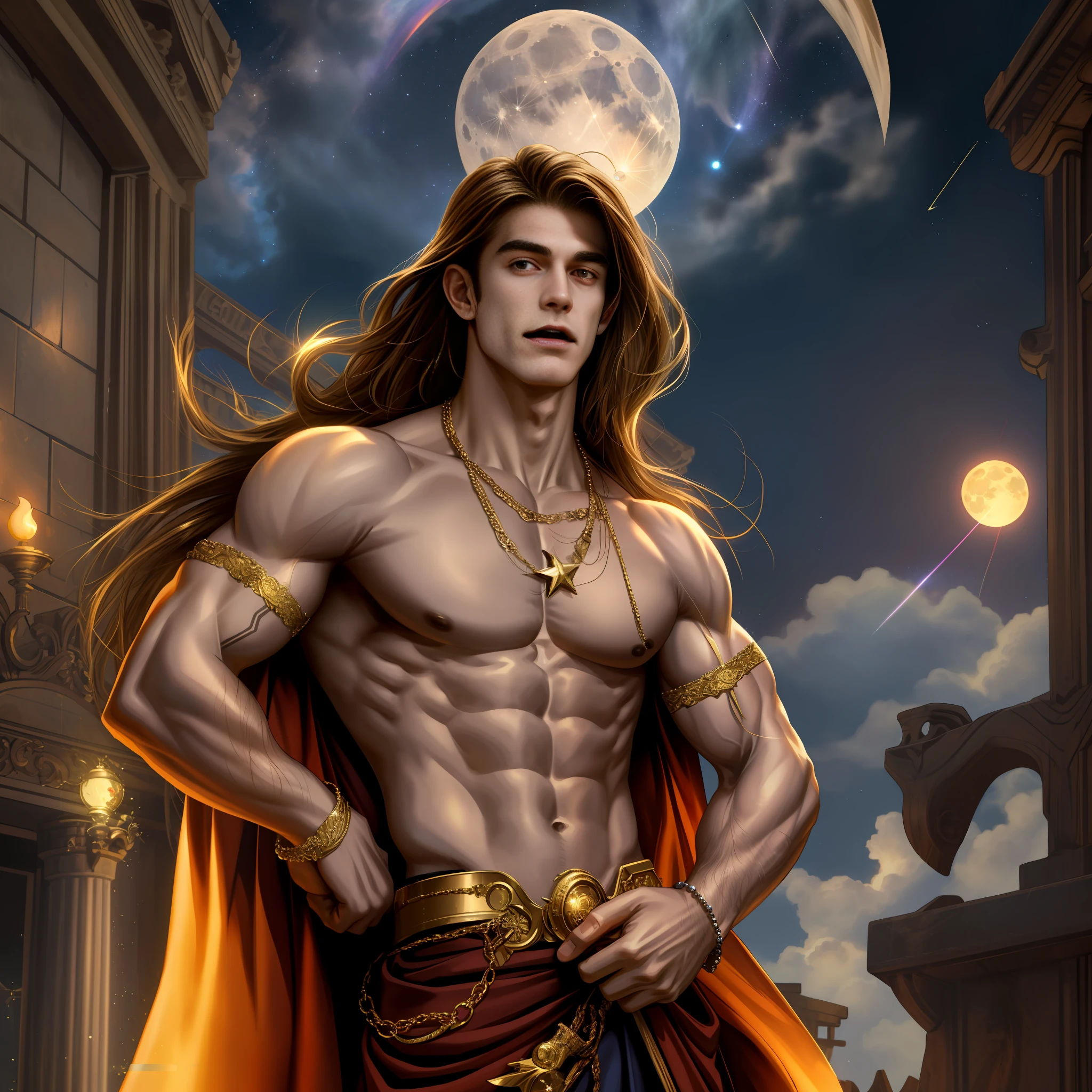 Looks perfect in the form of realistic display and hyper detail, ZBrush, Too much realistic oil,Build fit, man, muscle, ,tall, big, perfect face, body with aura, bare-chested, long hair (brown), fangs, chestnut mouth, antique dress, shirtless, gold necklace, arm bracelet, heaven, fantasy, unrealistic scene, rainbow, firefly, star, shooting star, solar, moonlight, moon, cloud,