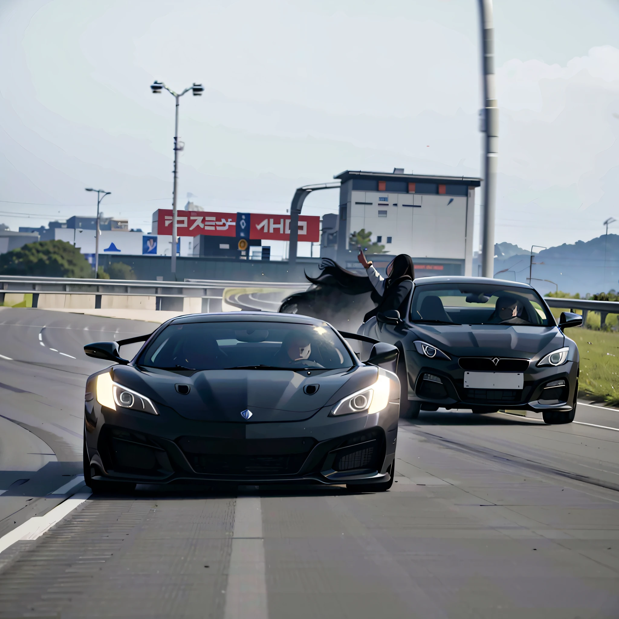 A black sports car driving on the road, extremely strong wind, high-speed chase, high wind, HD quality, 4K picture quality, handsome sports car on the highway, the car moves fast, the license plate says SAROTIN, there are no cars and people around.