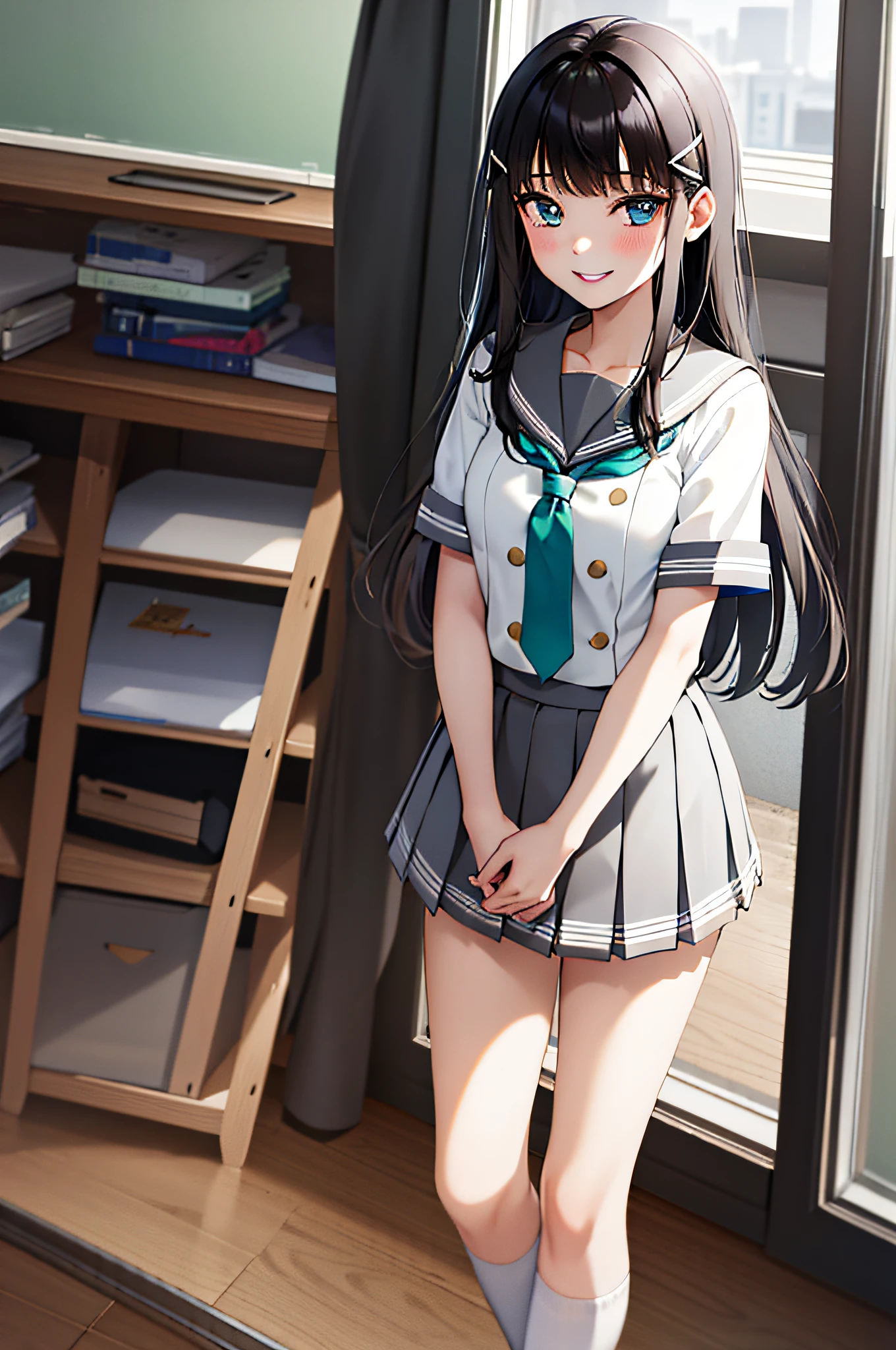 masterpiece, best quality, 1girl, long hair, middle breasts,school uniform, short sleeves, pleated skirt, white seraphuk, neckerchief, grey skirt, gray sailor color, tie clip, green neckerchief, blue eyes, hair ornament, hair clip, parted lips, smile, classroom,