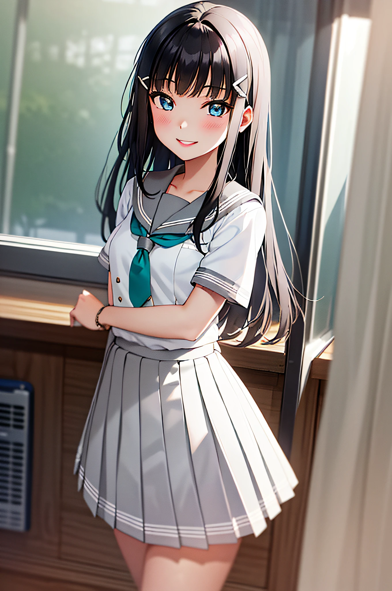 masterpiece, best quality, 1girl, long hair, middle breasts,school uniform, short sleeves, pleated skirt, white seraphuk, neckerchief, grey skirt, gray sailor color, tie clip, green neckerchief, blue eyes, hair ornament, hair clip, parted lips, smile, classroom,