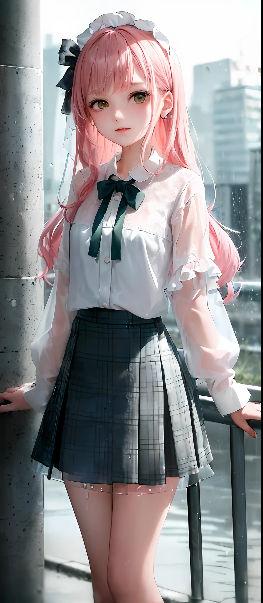 1girl, (Masterpiece:1.1), (Best quality:1.1), (White blouse:1.1), (blouse on bare skin)rain, soaked, dripping water droplets, pink ledges, sheer, (plaid skirt: 1.1), Hanfu, Blake [Blue:Pink:0.5] theme, (urban backdrop: 1.1), Denim lenses, Blake silver, Long hair, Green eyes, Delicate headdress, Sideways,