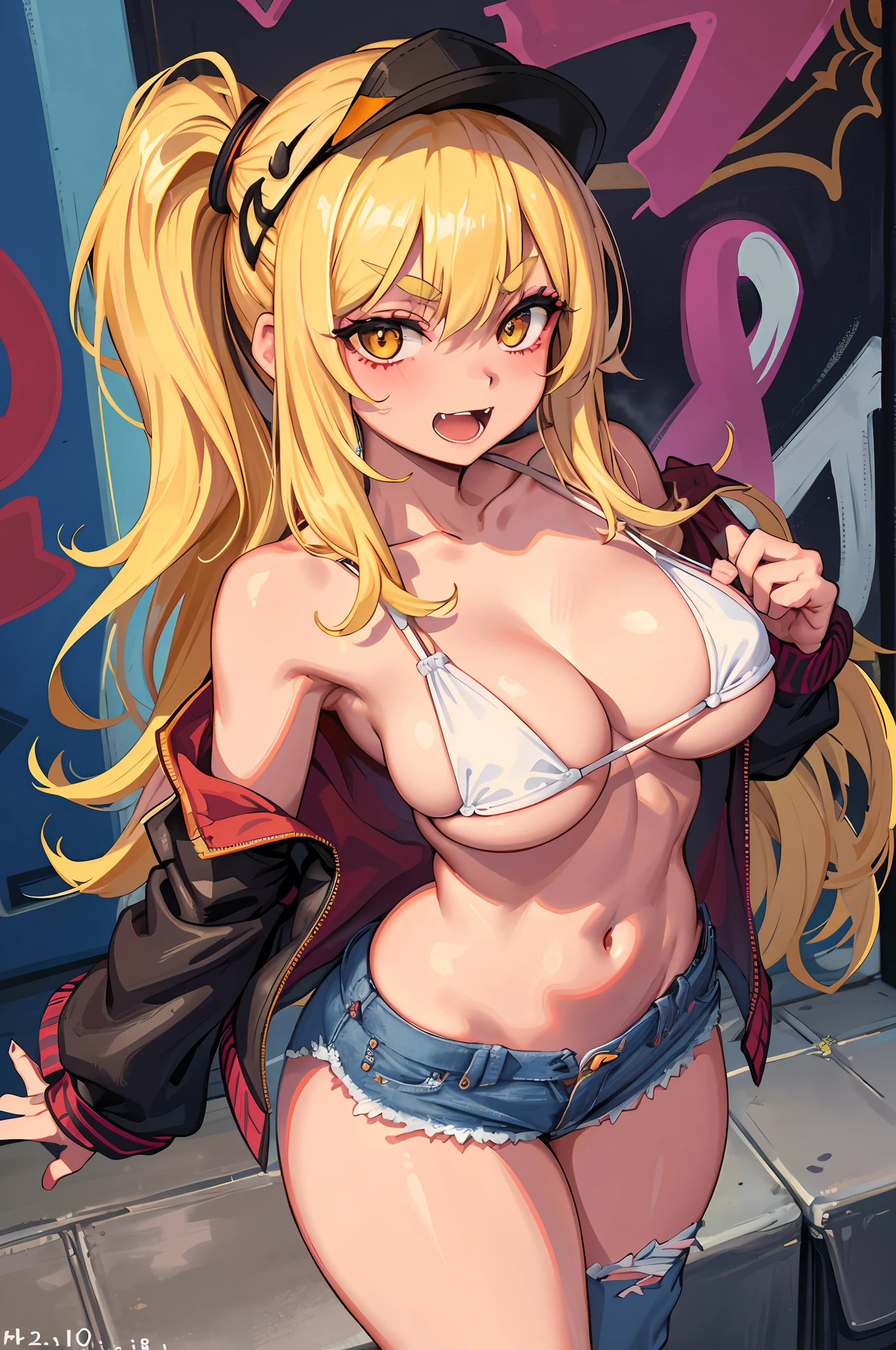 Original Character, Volumetric Lighting, Best Shadows, Shallow Depth of Field, Portrait of an Incredibly Beautiful Girl, Small, Delicate, Beautiful Attractive Face with Seductive Yellow Eyes, Messy Painted Face, Sharp Eyebrows, Open Smile, Open Mouth, Fangs Out, Lovely Medium Breasts, Long Layered Blonde Hair, Blush Eyeshadow, Thick Eyelashes, Applejack Hat, Oversized Jacket, Mini Underboob Tee, Open navel, slim waist, jeans, with buckle belt, In The Graffiti Alley, Garbage Container, Outdoor Stairs, Outdoor Unit, Holding Spray Tin, Standing, (High Quality, Amazing Details: 1.25), (Solo: 1.3), Bright Color Paintings, Short Bikini, Big Tits, Gym Tabby, Sexy, Yummy