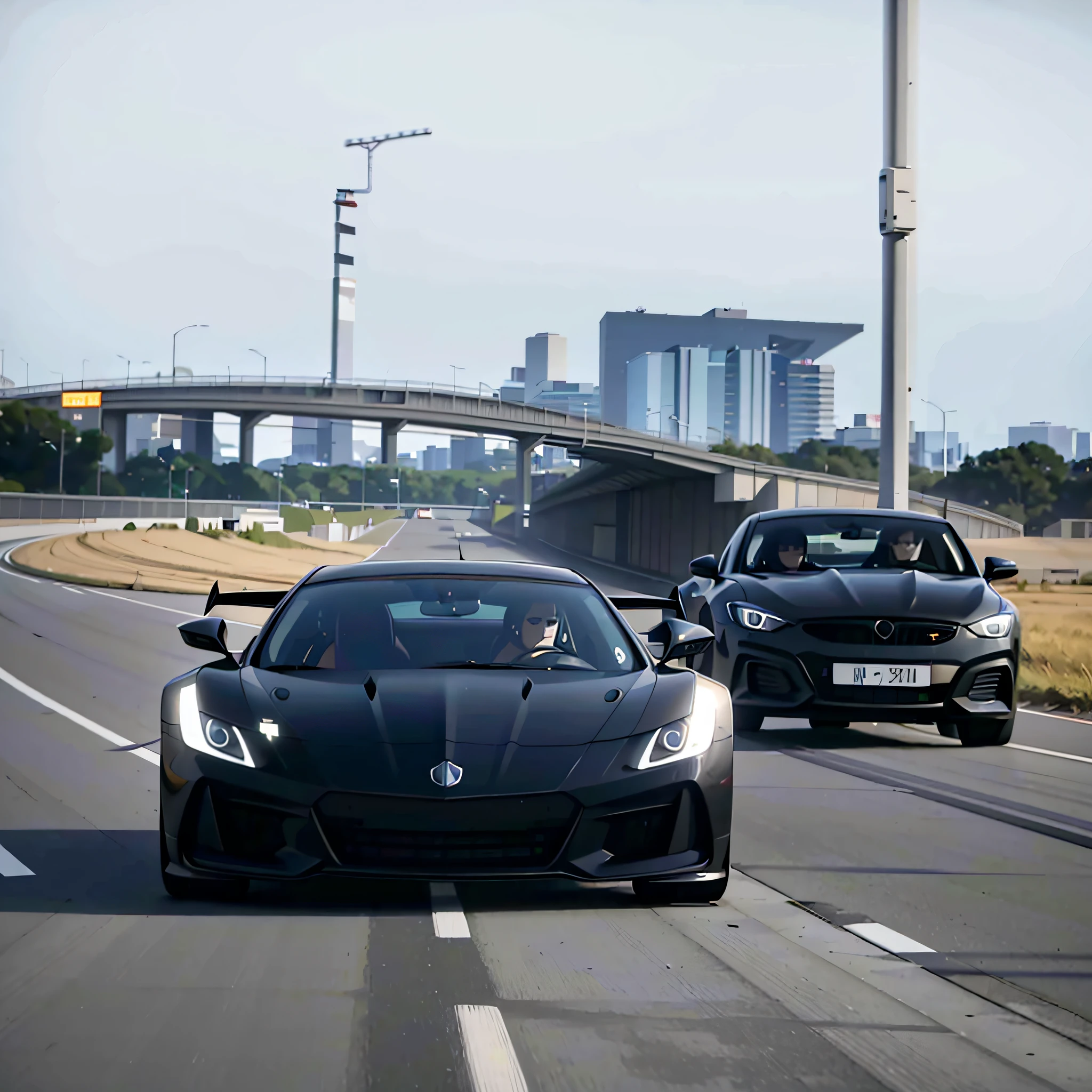 A black sports car driving on the road, extremely strong wind, high-speed chase, high wind, HD quality, 4K picture quality, handsome sports car on the highway, the car moves fast, the license plate says SAROTIN, there are no cars and people around.