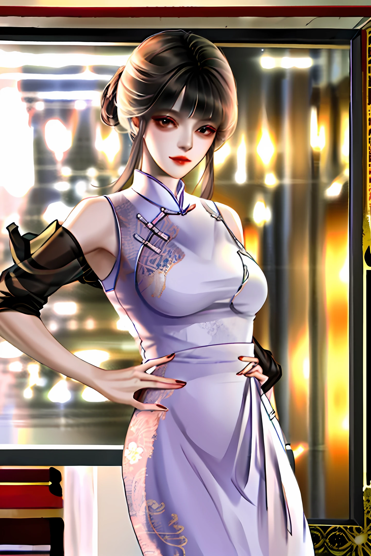 The beauty is wearing a cheongsam