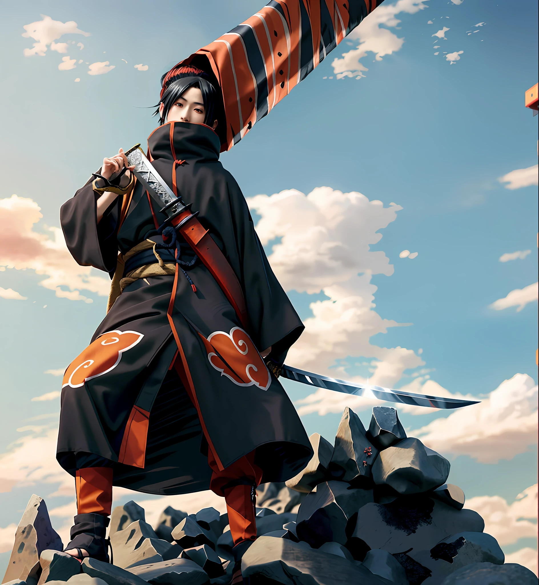 Anime character with a sword in his hand, the sword is wrapped in cloth, from Naruto, ninja, dried persimmon onimai, Naruto art style, black robe with red cloud pattern, backpack, standing on a pile of stones, headband, Itachi, Uchiha Itachi, Kawabata Ryushi, Akatsuki Akira inspiration