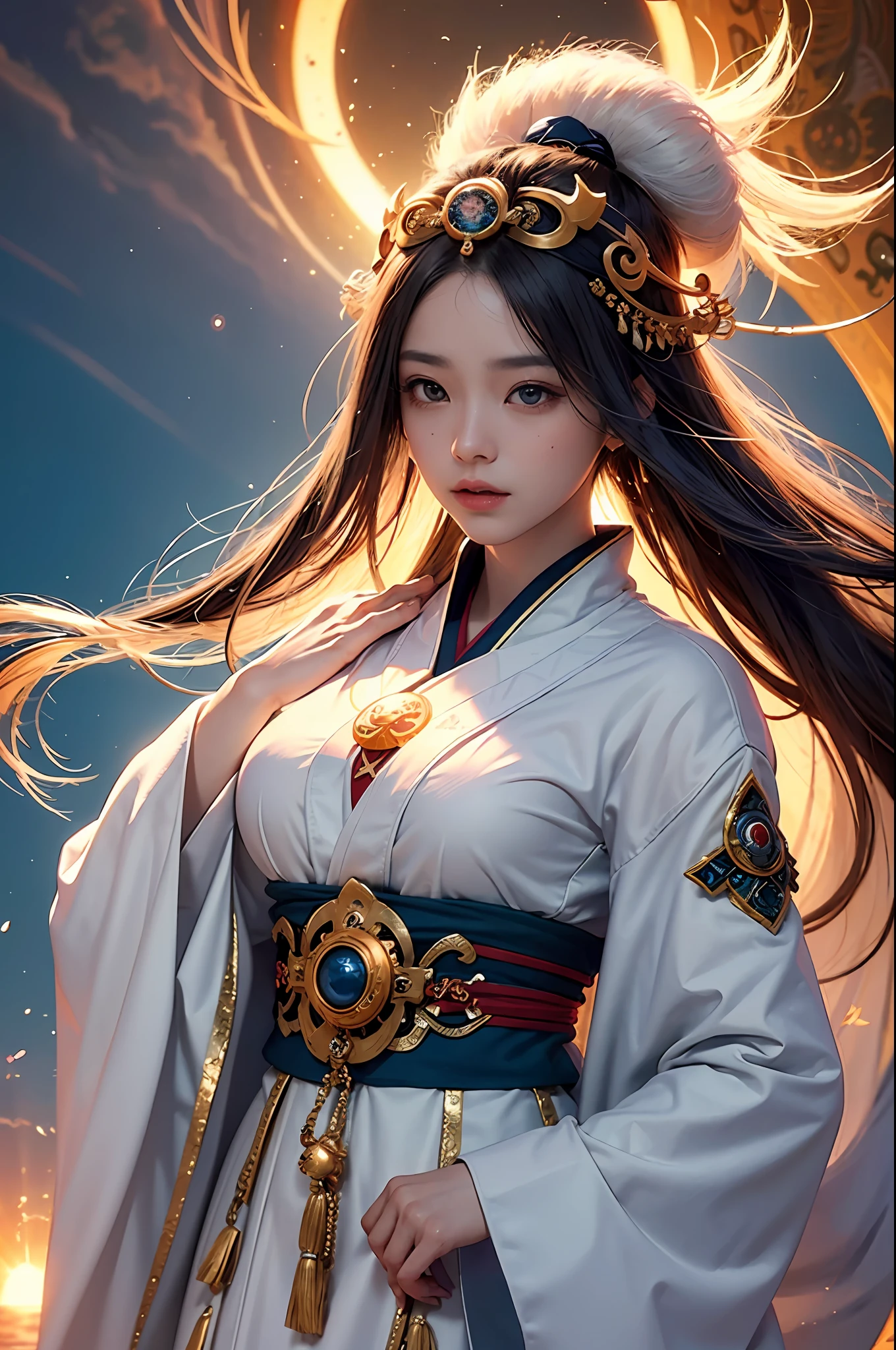 masterpiece, best quality,unity 8k wallpaper, ultra detailed, beautiful and aesthetic, beautiful, official art,
amaterasu priestess, sun disk, solar flare spell, sun goddess's blessing, divine intervention,