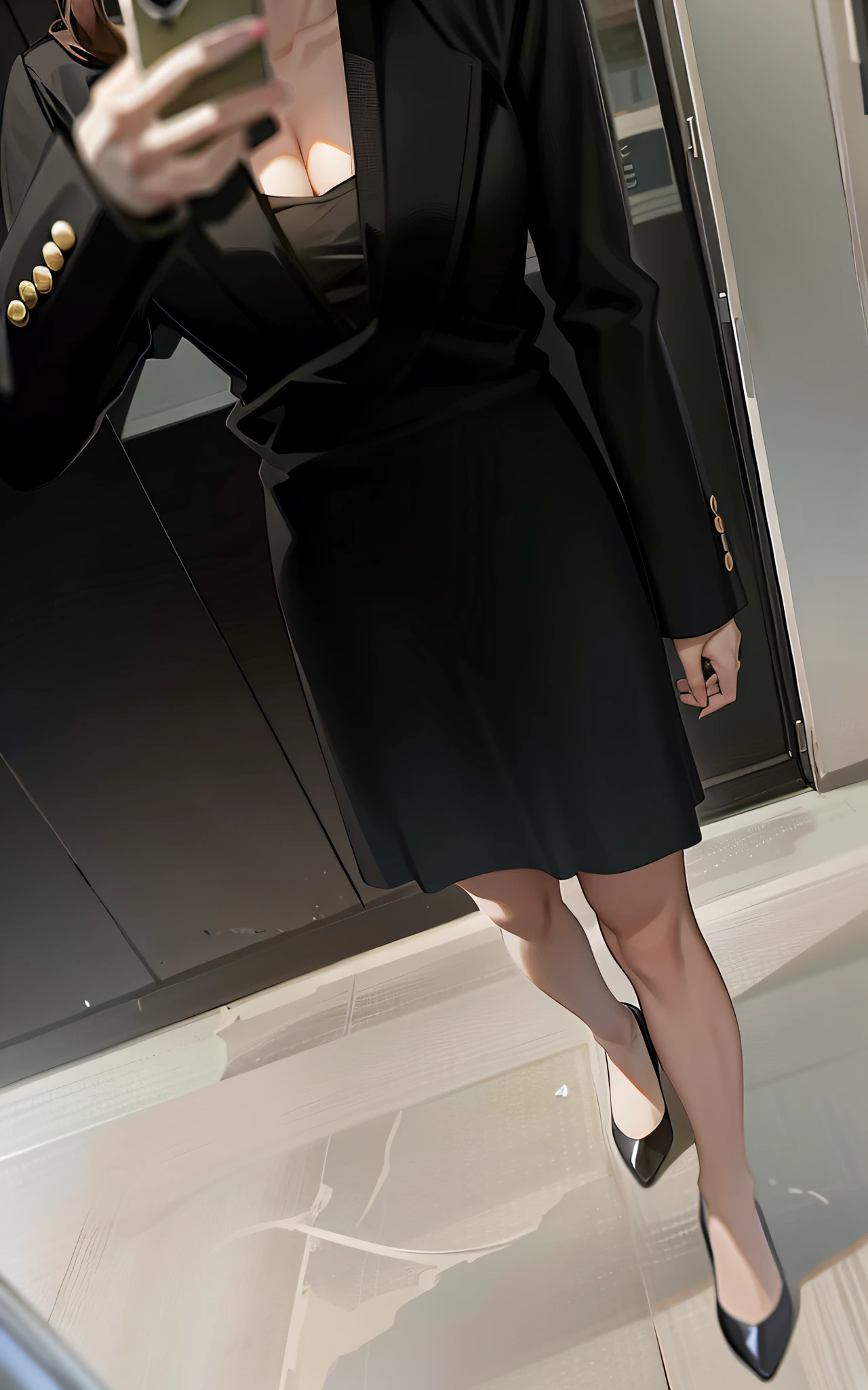 there is a woman in a black dress and high heels taking a selfie, she is wearing a black dress, wearing a black noble suit, 155 cm tall, office clothes, 165 cm tall, wearing black business suit, business clothes, short skirt and a long jacket, wearing black dress, short dress, girl in a suit, black dress