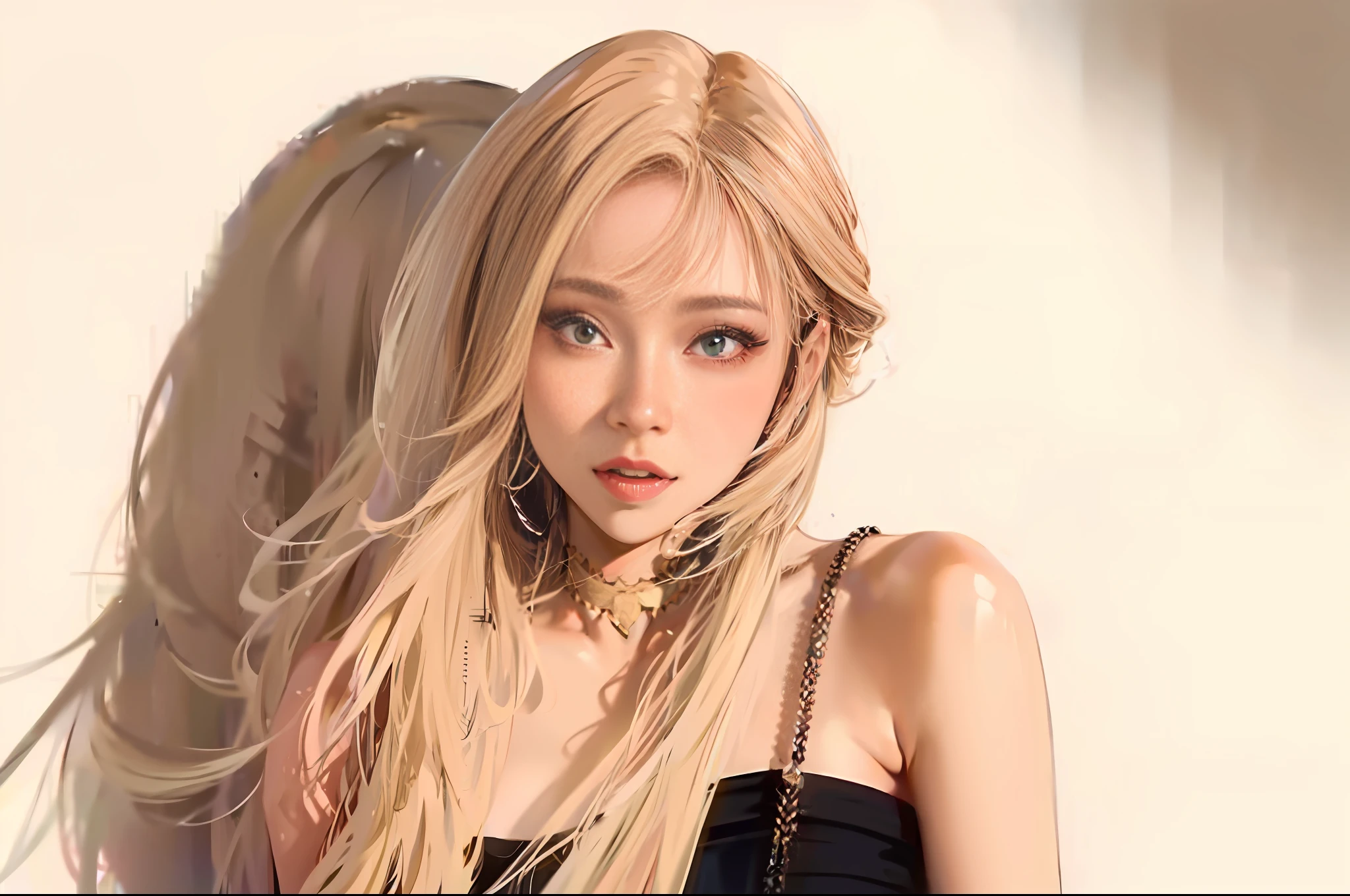 a close up of a woman with long blonde hair wearing a black dress, roseanne park of blackpink, jossi of blackpink, jia, portrait of jossi of blackpink, heonhwa choe, jinyoung shin, park ji-min, blackpink, kim jung giu, sha xi, sun yunjoo, yan, hwang se - on