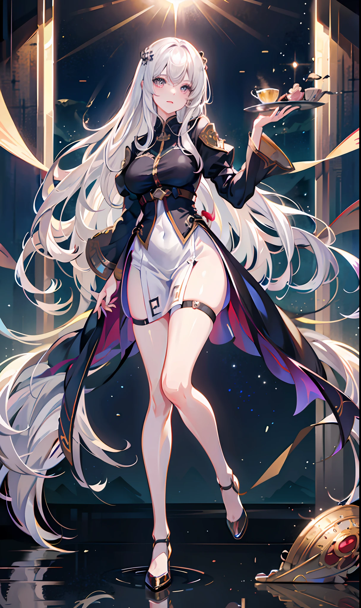 castle background, throne, cloud, glass, mountain, movie light, 1 girl, long hair, solo, standing on one leg, garter, thighs, dress, looking at the audience, very long hair, standing, silver hair, full body, smile, white hair, leg up, a girl, the best quality, masterpiece, illustration, an extremely delicate and beautiful, very detailed, CG, unity, 8k wallpaper, amazing, fine details, huge file size, super detailed, high resolution, extremely detailed, beautiful meticulous girl, Extremely detailed eyes and face, beautiful detailed eyes,