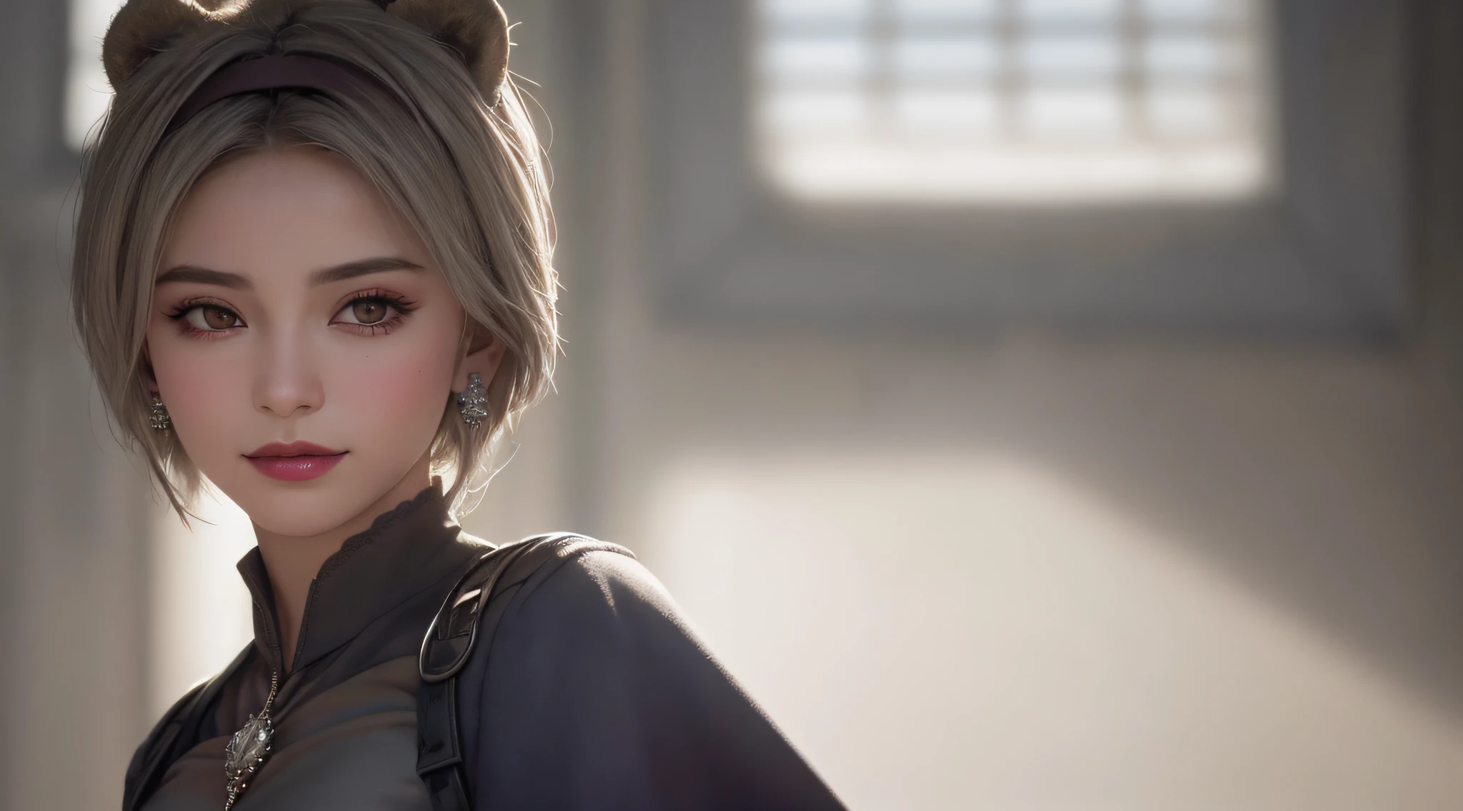 standing in front of castle, angry, necklace, earrings, full body, short grey hair, queen dress, superb, ultra-high-definition, RAW photo, realism: 1.25), (bright lip gloss, long eyelashes, smooth face , bright skin, natural shadows, wide light, wide light, depth of field, strong colors, subtle caustics: 0.8), smile, (big tits), v6