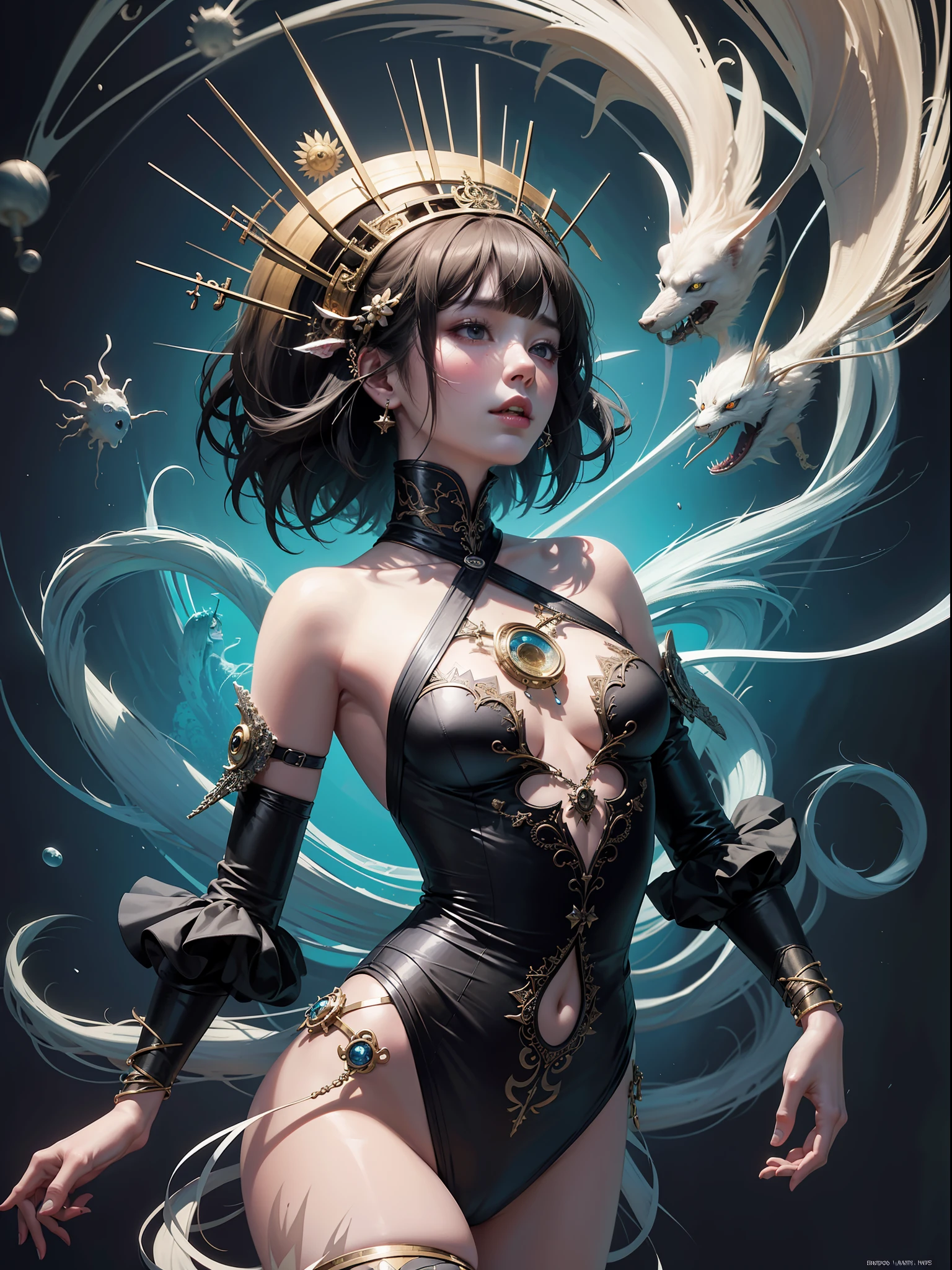 official art, unity 8k wallpaper, ultra detailed, beautiful and aesthetic, masterpiece, best quality, (zentangle, mandala, tangle, entangle), (fractal art:1.3) , 1girl, extremely detailed, dynamic angle, cowboyshot, the most beautiful form of chaos, elegant, a brutalist designed, vivid colours, romanticism, by james jean, roby dwi antono, ross tran, francis bacon, michal mraz, adrian ghenie, petra cortright, gerhard richter, takato yamamoto, ashley wood, atmospheric, ecstasy of musical notes, streaming musical notes visible