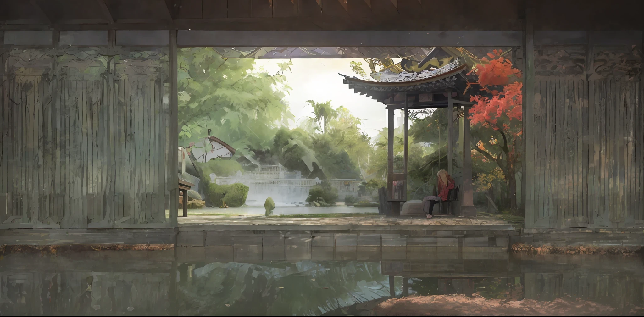 there is a painting of a woman sitting on a bench in a park, zen temple background, digital painting of a pagoda, anime scenery concept art, environment design illustration, interior background art, anime background art, a beautiful artwork illustration, relaxing concept art, background depicting a temple, detailed scenery —width 672, ross tran. scenic background, beautiful anime scene