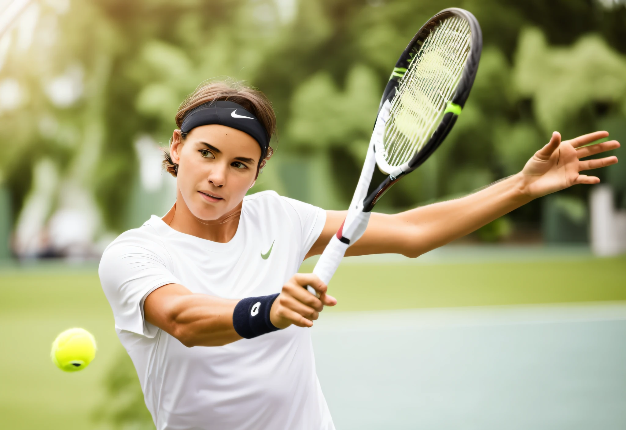 Female tennis player swings a tennis ball with a racket, focus clear, he is struggling, focused shooting, well focused, artistic pose, clear focus