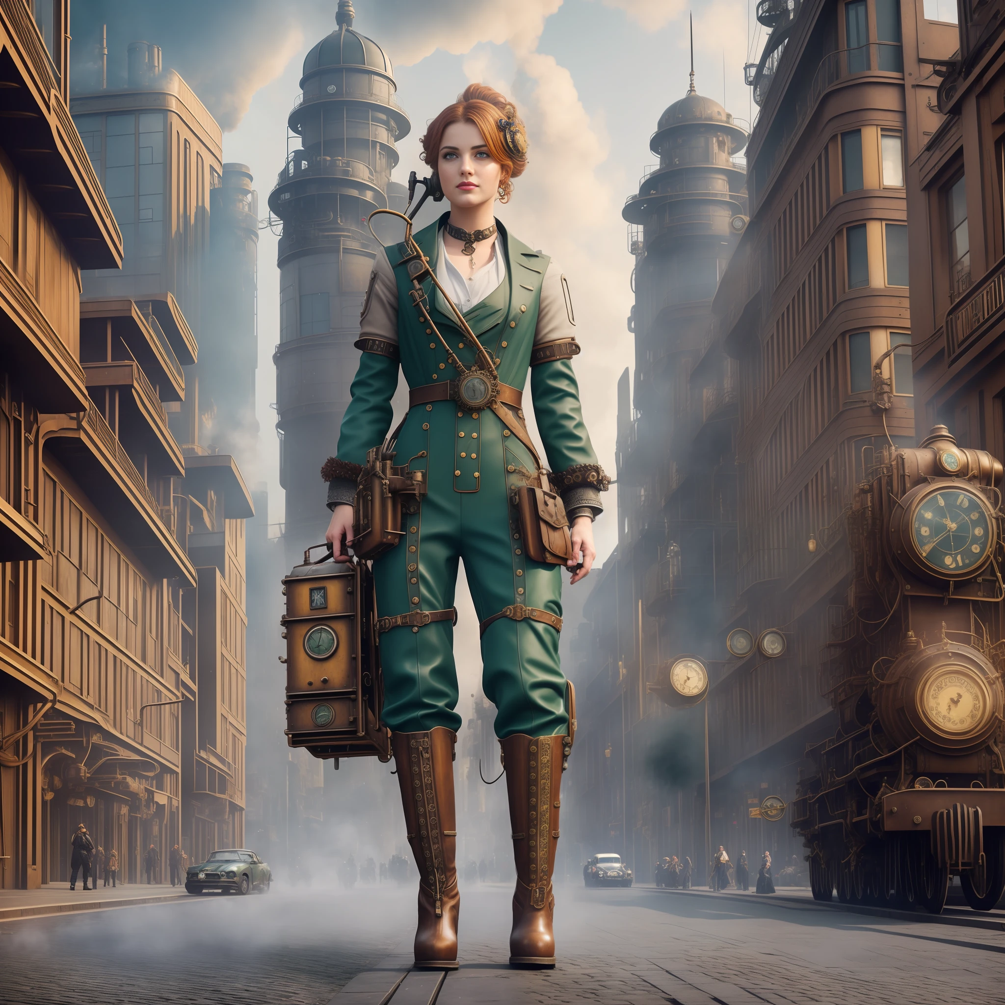 Street photography style image. A snapshot of a steampunk cityscape. Epic automobiles with steam engines on the street. Steam engine powered flying vehicles in the sky. A smiley beautiful 19-years-old caucasian girl in steampunk light gray jumpsuit walking down the street. Red long boots, intercom headset. steampunk choker, perfect detailed face, detailed symmetric green eyes with circular iris, wavy ginger hair, wearing enormous mechanical wings in her back, overall theme is street photography in Industrial Steampunk City, cogs and gears, steamy background with lots of steam pipes and steam valves and pressure gauges and gears, realistic, stunning realistic photograph, 3d render, octane render, cinematic, Isometric, Centered, hyperealistic cover photo, awesome full color, 12k, high definition, cinematic, portrait featured on unsplash, smooth, ultra high definition, 8k, ultra sharp focus, intricate artwork, masterpiece, ominous, epic, highly detailed, warm cinematic