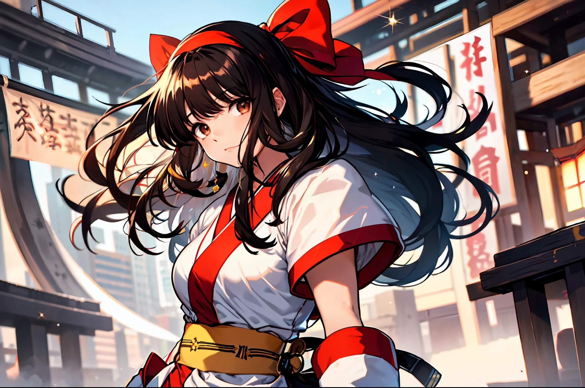 masterpiece, best quality,1girl, solo, nakorurums, red bow, bow, long hair, hair bow, ainu clothes, solo, hairband, black hair, fingerless gloves, short sleeves, gloves, sash, bangs, red hairband, breasts, brown eyes, white pants, japanese clothes, masterpiece, (sparkle: 1.3), relax, (illustration: 1.5), (brush), character selection screen